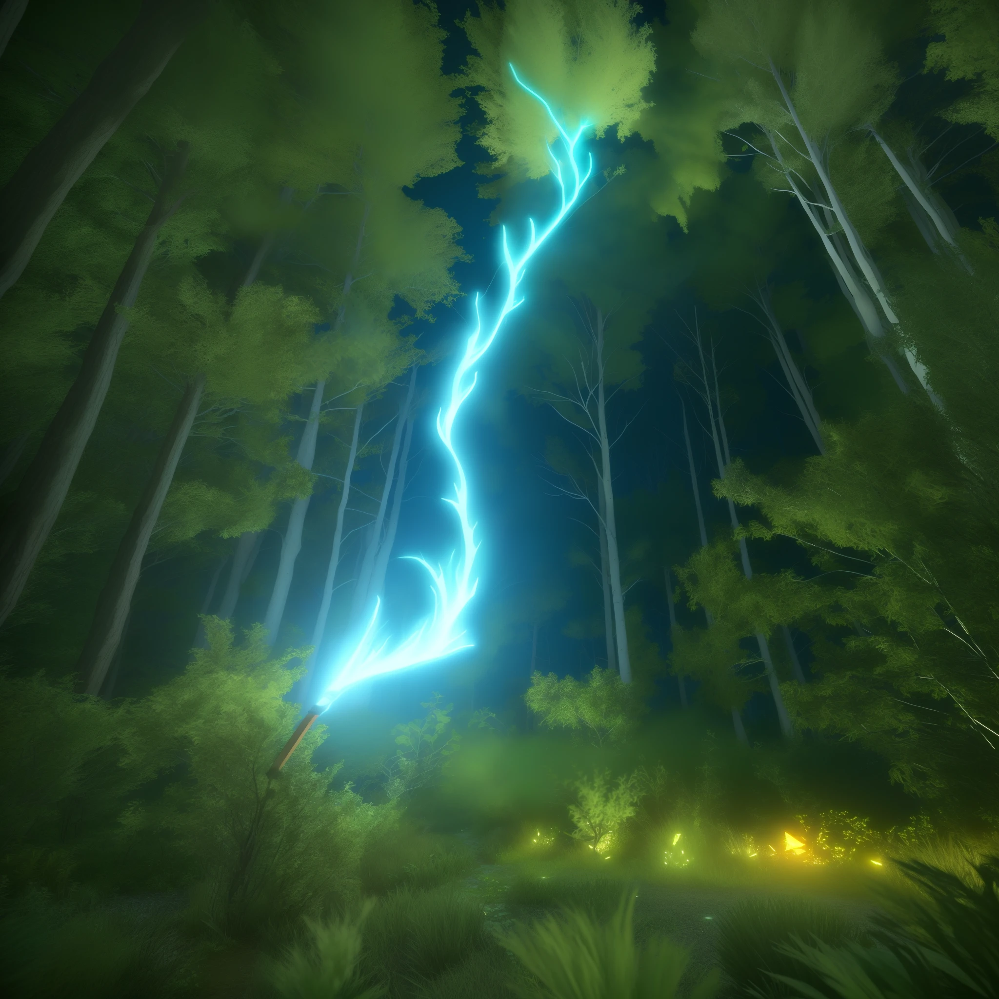 big forest, dark magic magnetic, fragment, glowing, neon stone, ore, pickaxe, mine 3D, high detailed