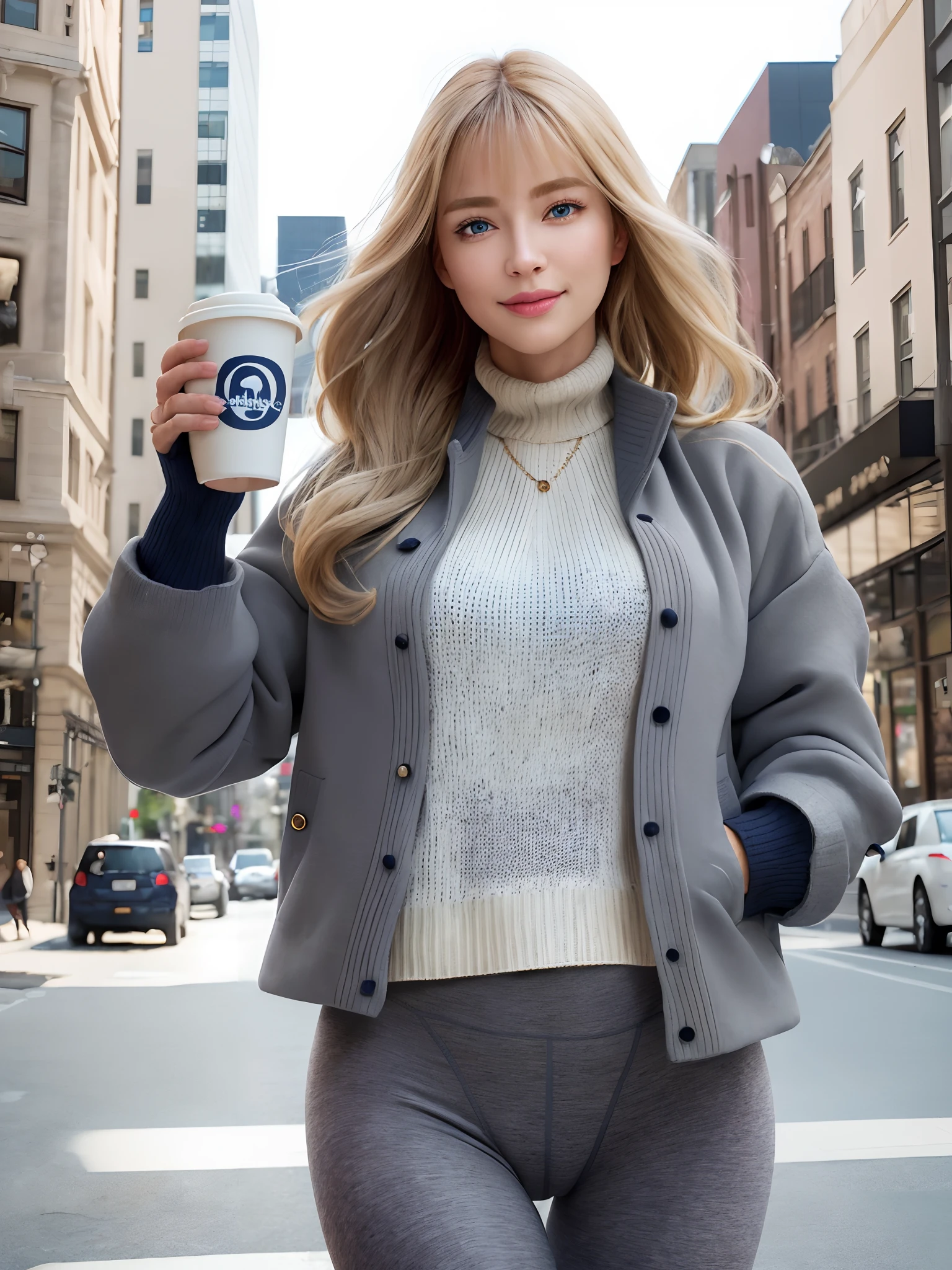 (masterpiece, best quality:1.4),  (modern days), (cowboy shot), 1girl, solo, pov, sfw,

stunning girlfriend, (standing:1.1), dynamic pose, (white oversized sweater, knit sweater:1.4), (tight yoga pants, dark grey yoga pants:1.4), (short navy blue jacket, denim jacket:1.4), long blonde hair, swept bangs, heart shaped face, elegant face, beautiful face, highly detailed face, highly detailed skin, skin pores, subsurface scattering, (detailed blue eyes), realistic pupils, large breast, loving smile, looking at viewer, full face blush, full lips, holding a single coffee cup, centered,

coffee shop in background, city street, sunny day, wind, detailed background, depth of field, atmospheric perspective, volumetric lighting, sharp focus,

absurdres, realistic proportions, good anatomy, (realistic, hyperrealistic:1.4), 16k hdr,