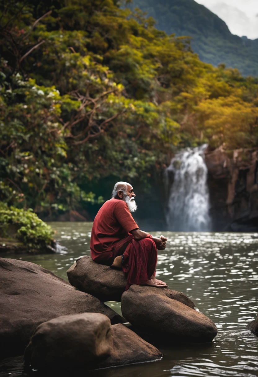 old indian man sitting on rock near waterfall