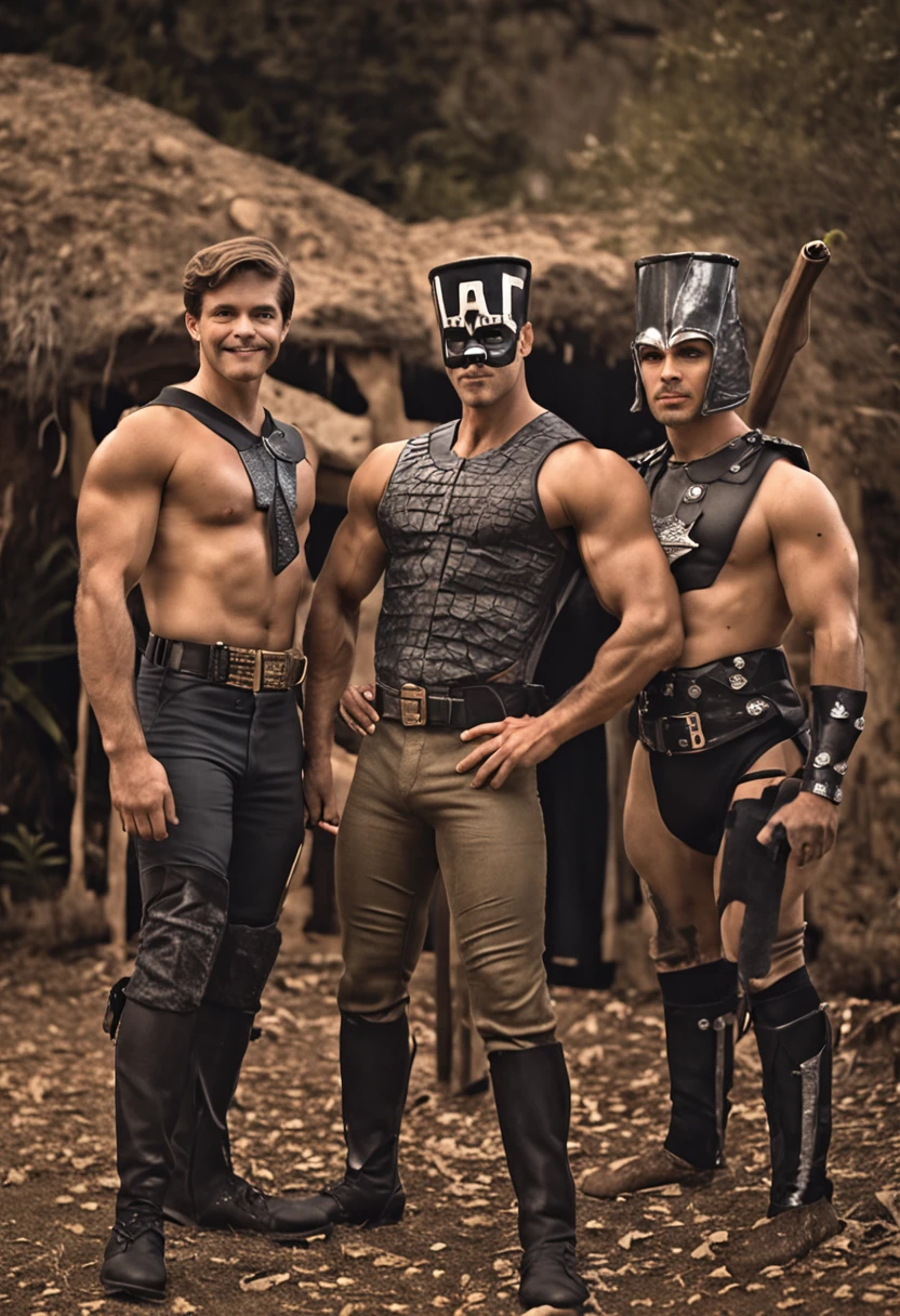 homoerotic, handsome young male soldier, shirtless, hairy chest, stubble and bushy mustache, wearing skimpy superhero costume and domino mask, posing with two attractive shirtless men dressed as the village people, halloween masks and bodypaint, spooky graveyard decor in background, ((costumes for all)), very detailed, realistic, homoerotic, muscular attractive men, (detailed eyes):900, (ambient torch light),(Lively, joyous, spirited), (((detailed beautiful handsome faces))), male focus, Best quality, hdr, bokeh, vibrant colors, masterpiece, homoerotic, large bulge in groin, commission for high res, greg hildebrandt and mark brooks, beautiful muscular men, line art by harry bush and J. C. Leyendecker and joe phillips and bob mizer and jim french and hr giger, bara, perfect male specimens