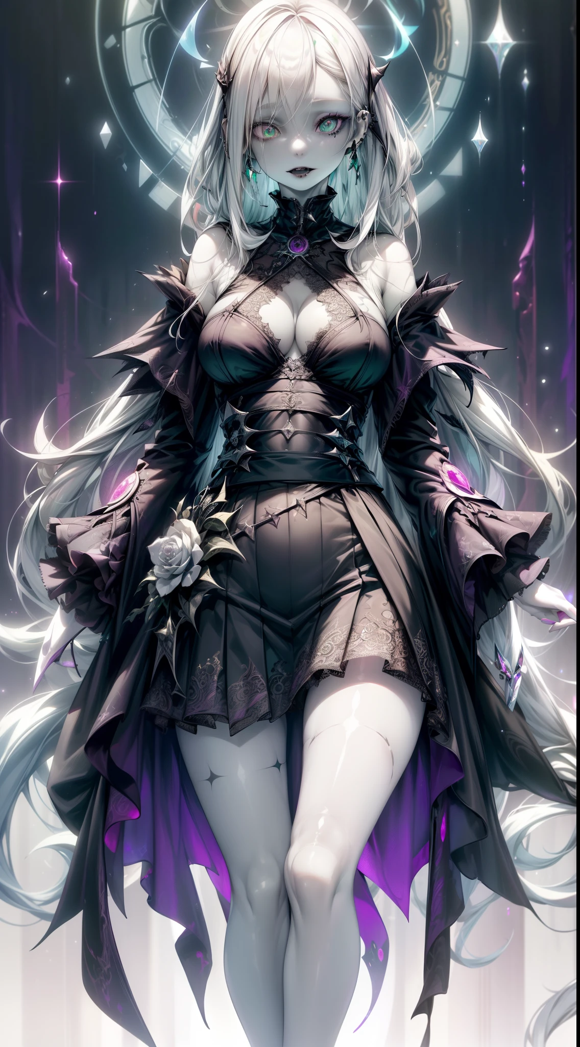 (necromance:1.2) girl, 1girl, perfect and well designed shiny eyes, (beautiful detailed (emerald:1.3) marsh eyes:1.05), natural breasts, slim body, beautiful and delicate face, (face detail), ((realistic face)), pores, ((pale skin)), detailed skin, realistic skin, medium length hair, hair voluminous, super high resolution, 8k, parameters Best quality, (masterpiece:1.4), (magic accessories:1.4), bracelets, necklaces, dark extremely detailed thick tight ((lacy silk clothing:1.3), (lacy wrap dress:1.2), (lycra kimono:0.8),(wild goth skirt:1.5)), shabby hood ruffles coat, embroidery and lace, jewelry ornaments, hair ornament, (cloth:1.3), (neckline:1.3), (cleavage), decolette, navel, Young Girl, Little Beast, (crazy:0.7) Smile, (Pale Skin:2.0), (19 Piercings:1.6), ((tattoos all over body, Tribal tattoos all over legs)), surrounded by darkness, (Darkness:1.2), Dark Fantasy, ultra detailed, photorealistic, ((Real image)), (best quality:1.4), super high resolution, (Realistic 2.0), More details, (full body portrait), (((1girl))), (witchcraft:1.5), magic energy flows and sparkles, (futurism:1.3), [(cyberpunk:1.1):fantasy:0.6], (magic technologies:1.3), (beautiful and aesthetic:1.2), (fractal art:1.4), (cinematic light:1.1), DUTCH ANGLE, 16K, HDR, RTX, Ray Tracing, Radiosity, Anisotropic Filtering, Subsurface Scattering, (((magic lights))), metallic reflections, Detailed, Realistic, 4k highly detailed digital art, (cool_color), extremely detailed CG unity 8k wallpaper, vibrant colors