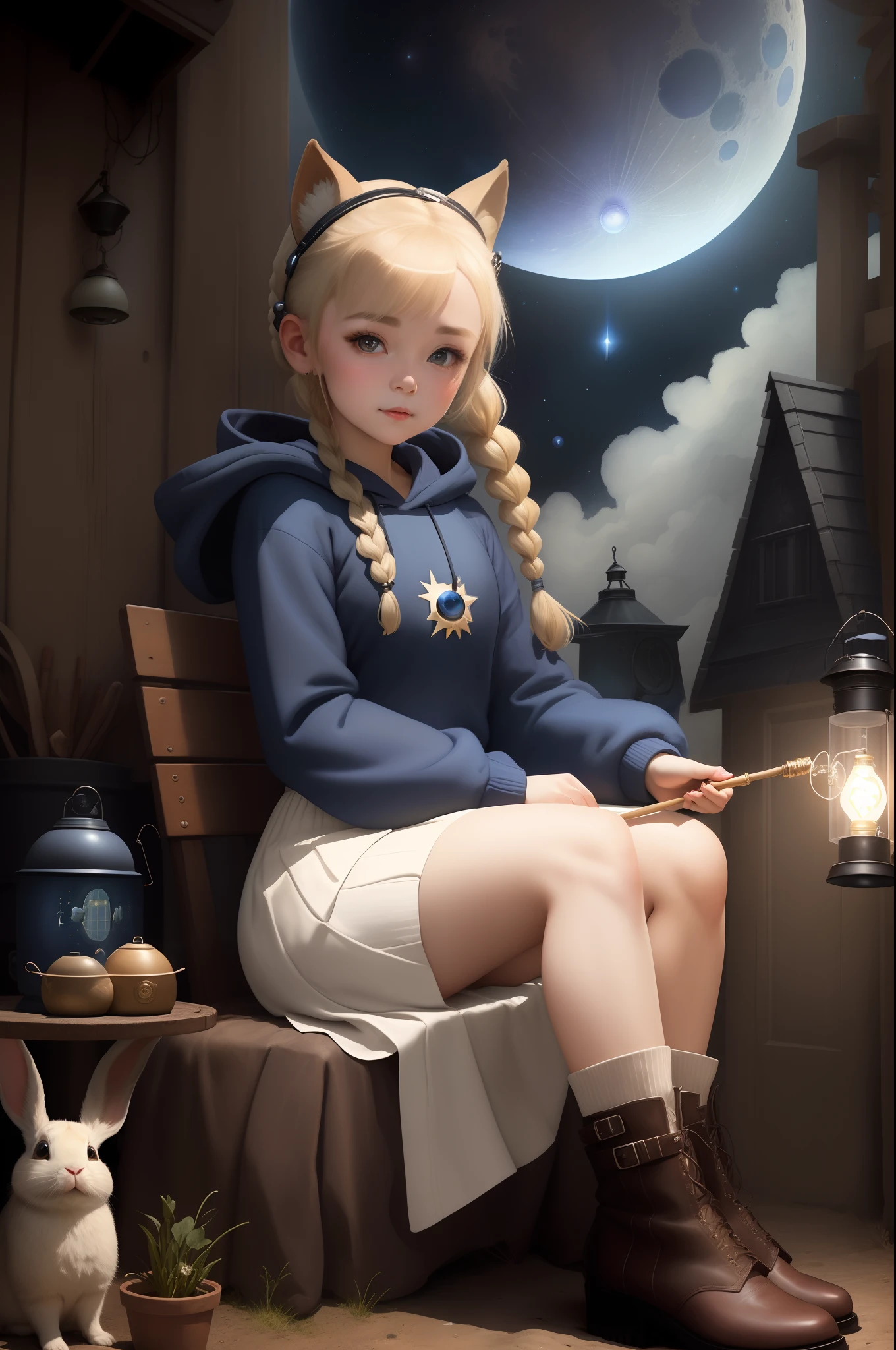 Top image quality、​masterpiece、Norman Rockwell's style、Lunar surface、Beautiful fair-skinned girl in long sleeve hoodie、spaces 、Star 3D、The iris is blue、Cute little face、a small face、Light makeup、Two cat ears on the head、blonde hair in braids、tiny chest、Big buttocks、sitting on、Full body like、She holds a magic wand in her right hand、 She has a lantern hanging in her left hand、Long skirt with many rabbit prints、Leather boots、Robot with round head and three legs of long color on background、thirds rule、Ultra-wide low-angle