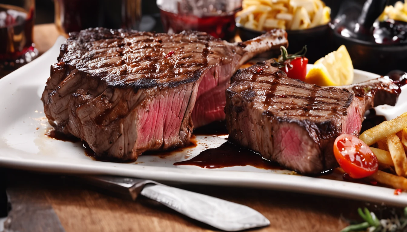 Tomahawk steak，french fries，Cook for 6 minutes，Knives and forks，Rich sauce，Fiery atmosphere，Cut steak，Wine，dining table