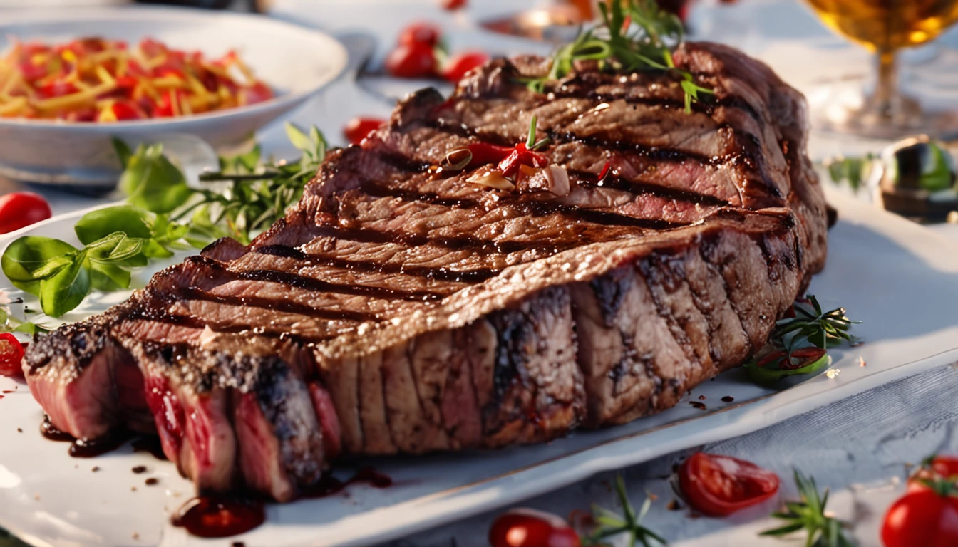 Tomahawk steak,french fries,Cook for 6 minutes,Knives and forks,Rich sauce,Fiery atmosphere,Cut steak,Wine,dining table