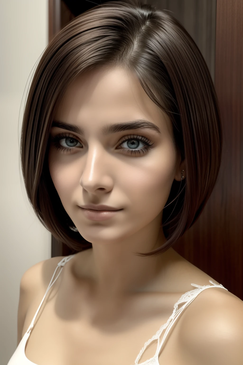 rosto, mulher, 27 anos, cabelo castanho, strained expression, cenario escuro