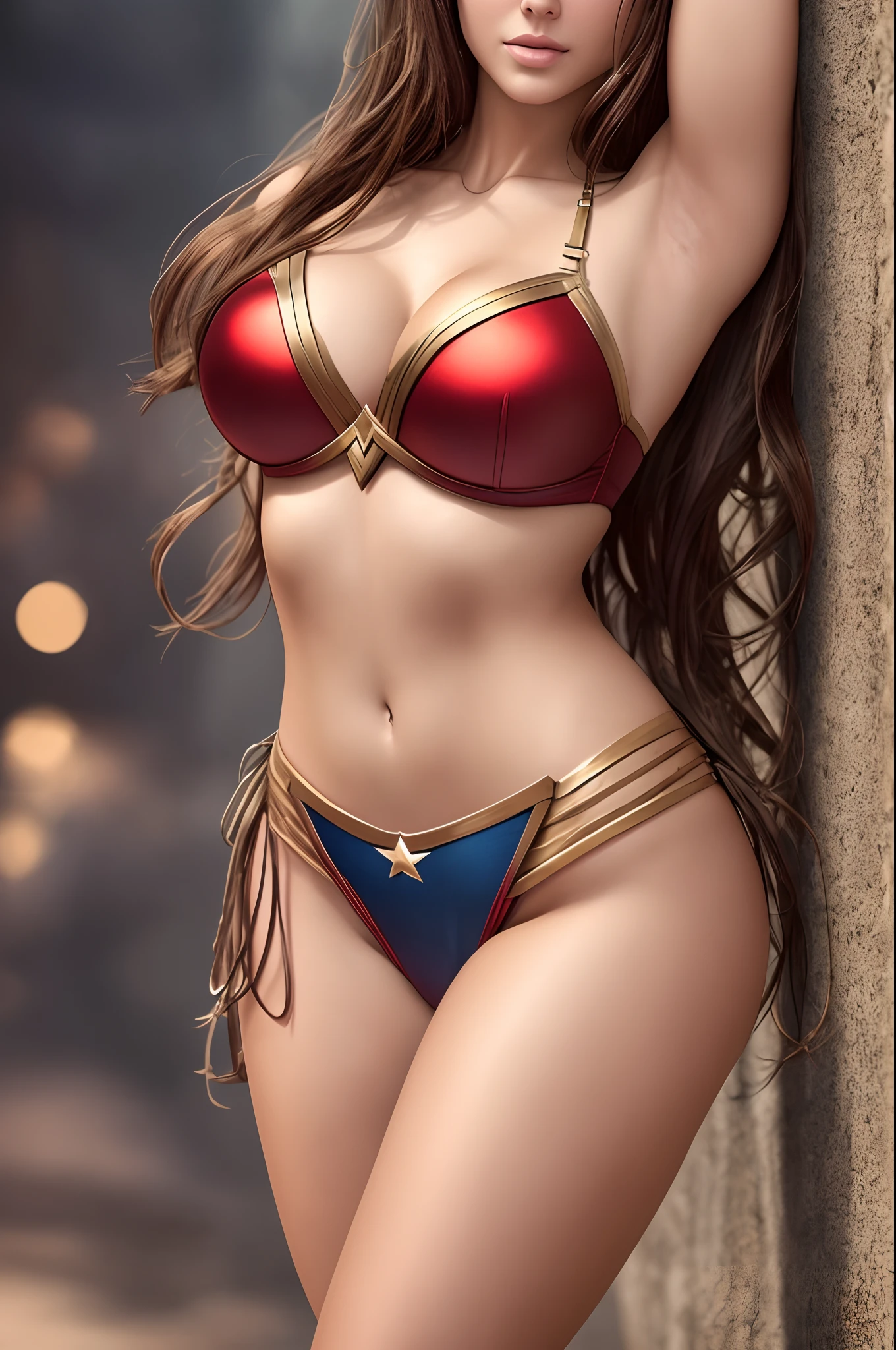 Wonder Woman in a bikini, 8k, masterpiece, RAW photo, best quality, photorealistic, extremely detailed CG unity 8k wallpaper, Depth of field, Cinematic Light, Lens Flare, Ray tracing, (extremely beautiful face, beautiful lips, beautiful eyes), intricate detail face, ((ultra detailed skin)) ((ultra detailed eyes)) ((ultradetailed fingers)) ((looking at viewer)), very slim, long legs, large breasts, sexy pose, full frame pic, full body shot --auto --s2