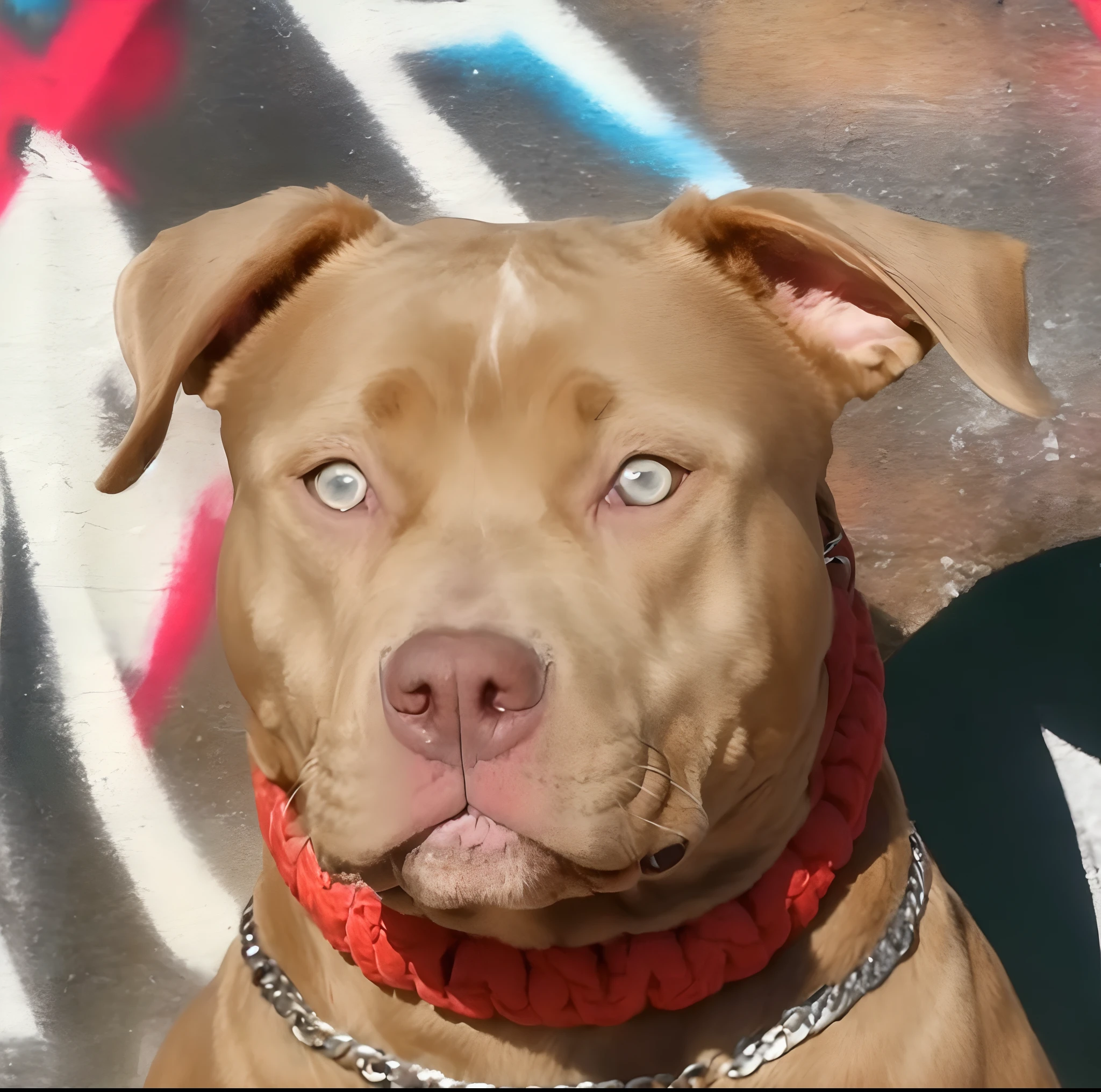 There's a dog that's sitting in front of a graffiti wall, Ciborgue - Pitbull, pitbull, Ciborgue - Pitbull tirando uma selfie, Retrato de Zeus acidentado, para bolo, taken in the early 2020s, muito bonito, olhar orgulhoso, Brutus, Rocco, um bonito, (((oxidado))), um careca, extremamente bonito, amber, young handsome pale roma