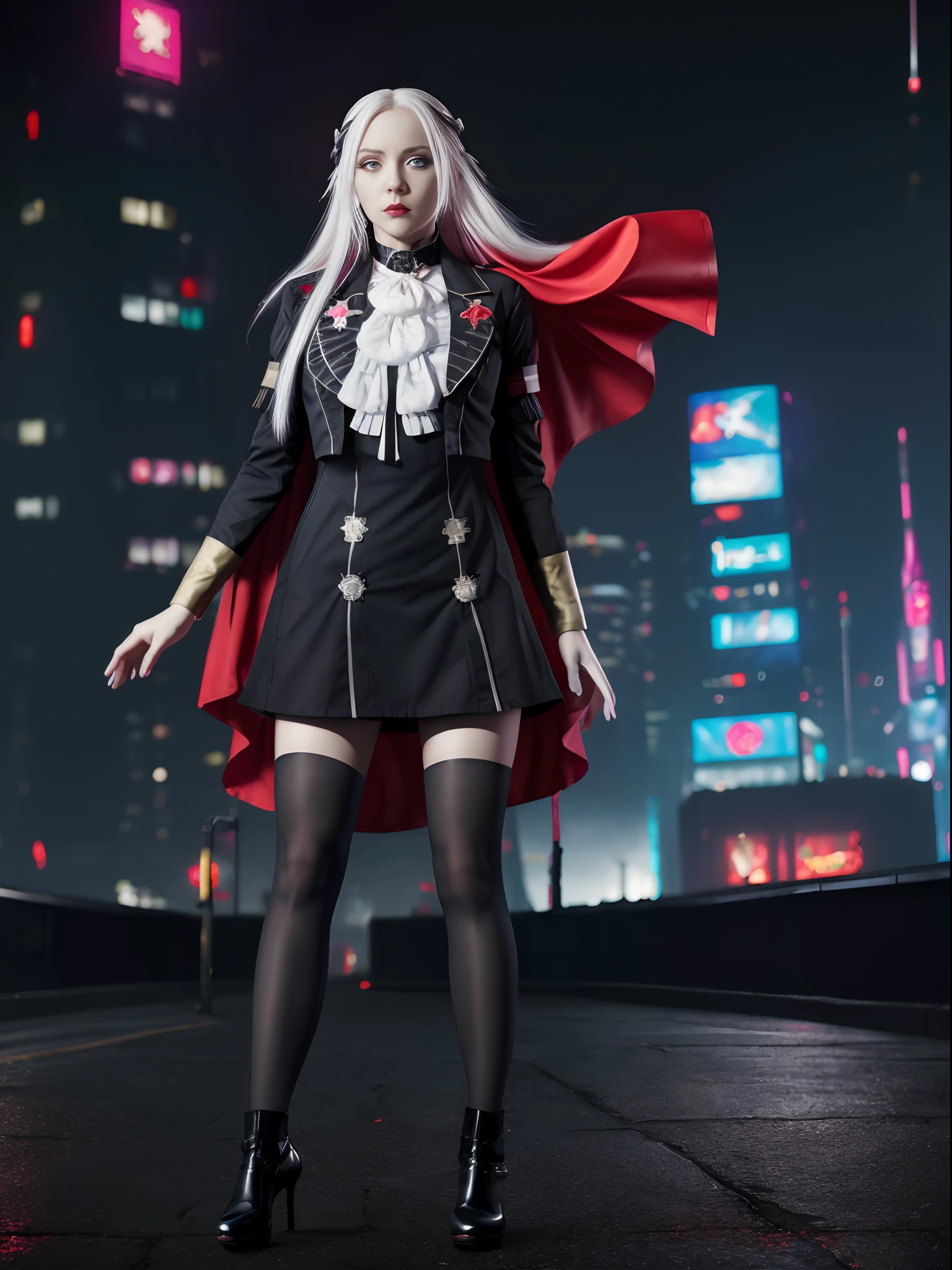 photo of edelgard_academy, hair ribbon, black jacket, black dress, ascot, red cape, red pantyhose, white gloves, high heels, scenic cyberpunk city background, epic photograph, white woman, emo clothing, angry expression, cyberpunk, full body, blue color grading, ektachrome, Fujifilm XT3
