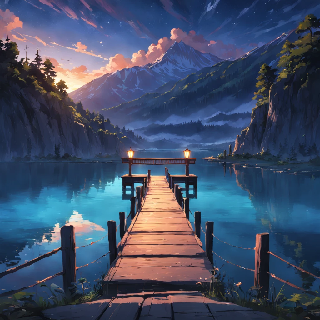 8K, best quality, masterpiece, scenery, A large lake, bridge, European architecture, trees, reflection, and a wooden stake in the middle of the lake, night, and light