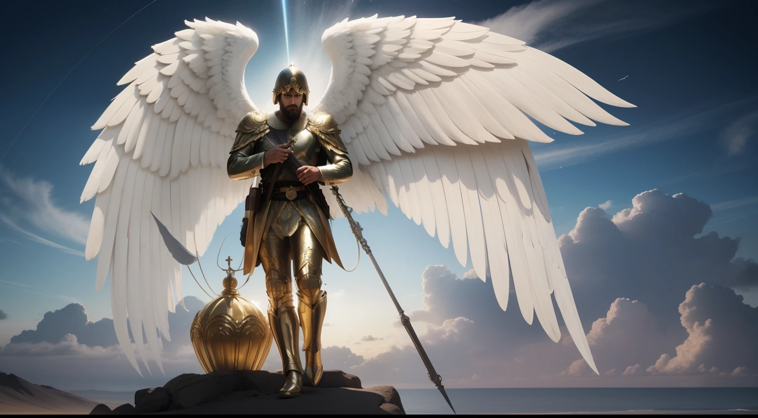 anjo masculino de deus, anjo masculino, The angel of God's army, Golden Army, Rosto detalhado, army, face sem defeito, Normal face, barba cheia, barba grande, tempestade, Towards the Heavens, celestial, divino, fotorrealista, renderizado, 4k, 8k, texturas detalhadas, sombras detalhadas, decente, cores detalhadas, anjo masculino de deus, Contraste realista, Texturas fotorrealistas, cores detalhadas, cores realistas, sombras detalhadas,