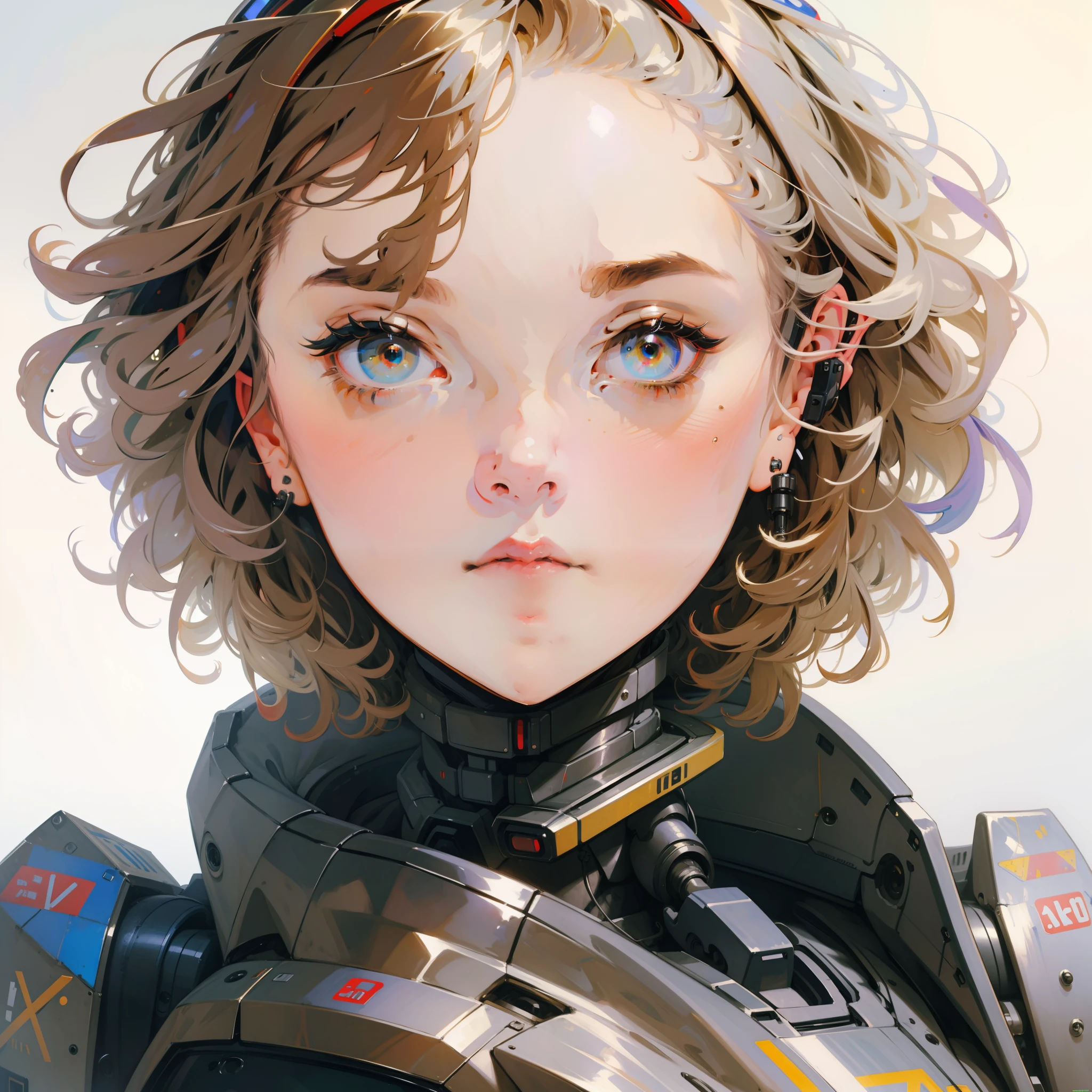 (8k wallpaper:1.2),(Ultra-high resolution:1.2),(masterpiece:1.1),wallpaper,High quality,masterpiece,(High detail), wearing a hoodie,1mecha human, cyborg, Cybernetic enhancements, robotic eyes,close up shot,short messy hairstyle, curly hair, simple background,white background,shining, absolutely stunning art, extremely detailed eyes, highest quality digital art, highest resolution, HD, wallpaper 8k