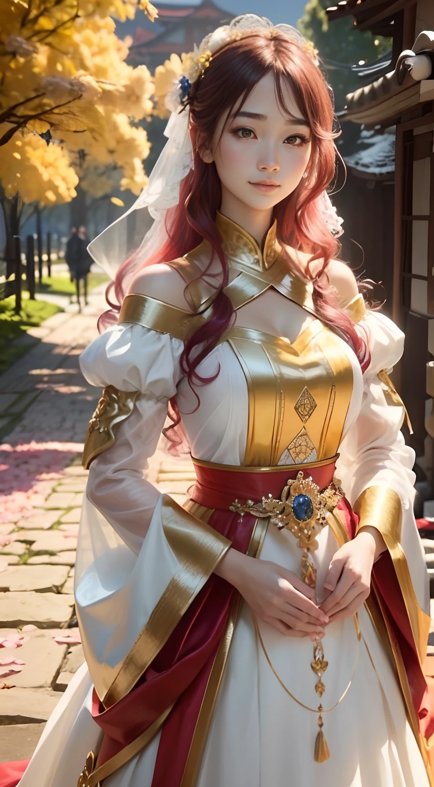 Beautiful flower girl from a fairytale world,Twenty years old,(Full body appearance:1.2),(Round and very delicate face),(Red cheeks),(Shallow dimples),(Asian female face), White complexion,Highlight black | In pink|Golden(long whitr hair:1.2),A shallow shy smile,(Big black affectionate eyes),(Very detailed and perfect facial depiction),Close-up of facial expressions,Side view,(White mini dress),(Silk lightweight fabric),(Long sleeves floating),cropped shoulders,voluptuous figure,(Wear high-heeled crystal shoes),looking lovingly at the viewer,A hint of melancholy,Trees in the background,Flowers。And Asuka,Blue sky,Early spring tones,The setting sun shines obliquely,A touch of warm colors,(Various yellow flowers),(Romantic fairy tale colors),(ultra-realistic realism),(light and shadow effect),(Light particle tracing),(OilPaintStyle),(vivd colour),(Obvious layers),(rendering by octane),(White balance),(Photography Award),(8k wallpaper),(Masterpiece),(best qualtiy), photorealestic,realisticlying,Ray