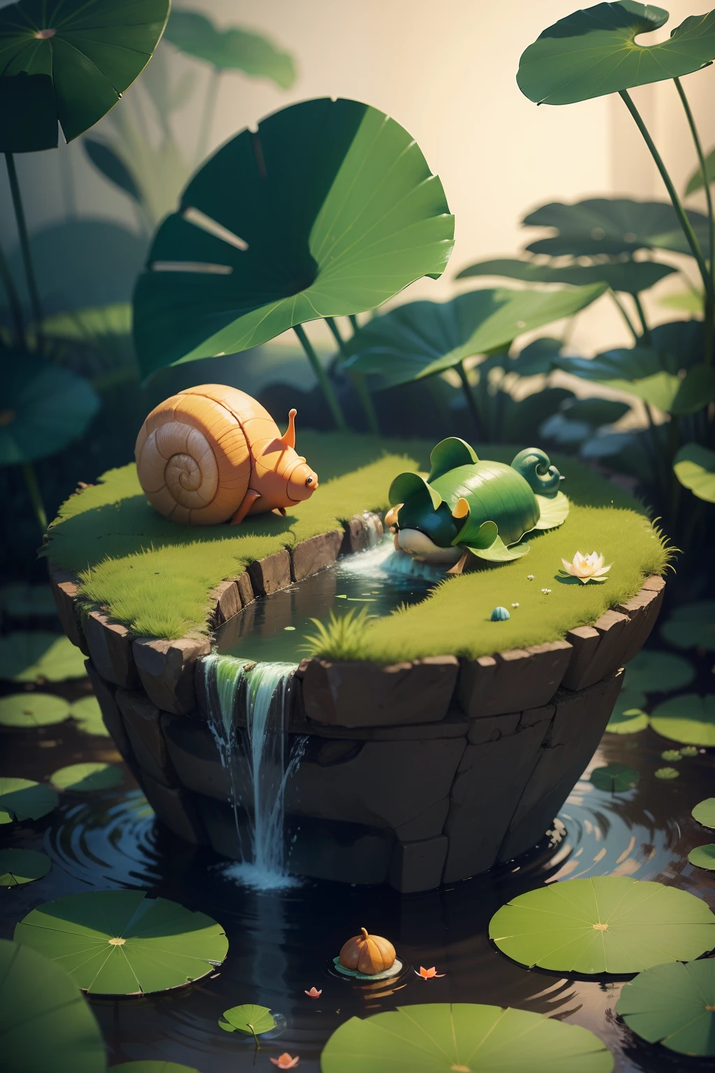 2d game background,Small shallow pool,snail,Lotus leaf,depth of fields,hand painted style,planar,popup book