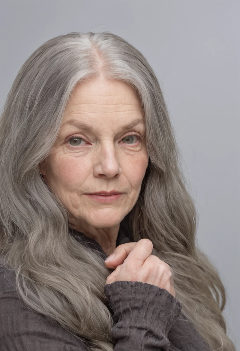 ugly lady, late 40's of age, gray long hair, overweight, wrinkly and pale skin, long dirty and nasty finger nails, green fleece sweater, long canvas skit, bulky shoes, realistic, photography, genuine, she is outdoors on a sunny day with a farm background