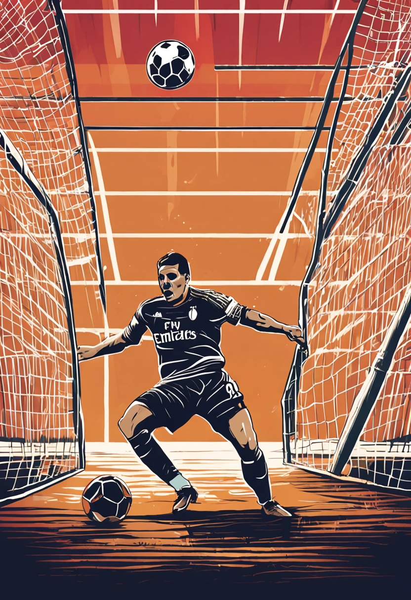 (Content) A retro illustration depicting football player Martín Vázquez from Real Madrid scoring a goal against AC Milan in the 1990s. The illustration captures the peak moment of action, with Vázquez executing a powerful shot on goal. (Medium) Artistic style: Digital illustration with a focus on retro aesthetics, evoking the atmosphere of the 1990s. Graphic design techniques and characteristic colors from that era are employed to achieve a nostalgic effect. (Styles) Inspired by sports posters and graphics from the 1990s, combining elements of pop art and eye-catching typography. The aim is to capture the energy and excitement of football during that time. (Illumination) The illustration features warm, vibrant lighting that enhances the colors and details of the game. It particularly emphasizes the player and the ball, creating a dynamic and thrilling effect. (Colors) Vivid and saturated colors reminiscent of the retro aesthetics of the 1990s are used. Bold tones like yellow, blue, and red predominate, contrasting with dark backgrounds that heighten the dramatic impact of the scene. (Composition) In the illustration, Martín Vázquez is depicted in the foreground, striking a dynamic and determined pose in the colors of Real Madrid. Behind him, the stadium and ecstatic fans celebrating the goal are shown. The ball is heading towards the AC Milan's goal, which is symbolically
