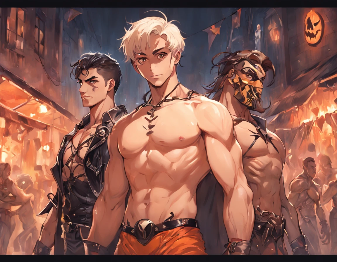homoerotic, handsome young male soldier, shirtless, hairy chest, stubble and bushy mustache, wearing skimpy superhero costume, posing with two attractive shirtless men dressed as the village people, masks and bodypaint and leather gear, simple uncrowded background with bats and spider-webs and jack o' lanterns and skeletons and spooky halloween decor in background, ((costumes for all)), very detailed, realistic, homoerotic, muscular attractive men, (detailed eyes):900, (ambient torch light),(Lively, joyous, spirited), (((detailed beautiful handsome faces))), male focus, Best quality, hdr, bokeh, vibrant colors, masterpiece, homoerotic, large bulge in groin, commission for high res, greg hildebrandt and mark brooks, beautiful muscular men, line art by harry bush and J. C. Leyendecker and joe phillips and bob mizer and jim french and hr giger, bara, perfect male specimens