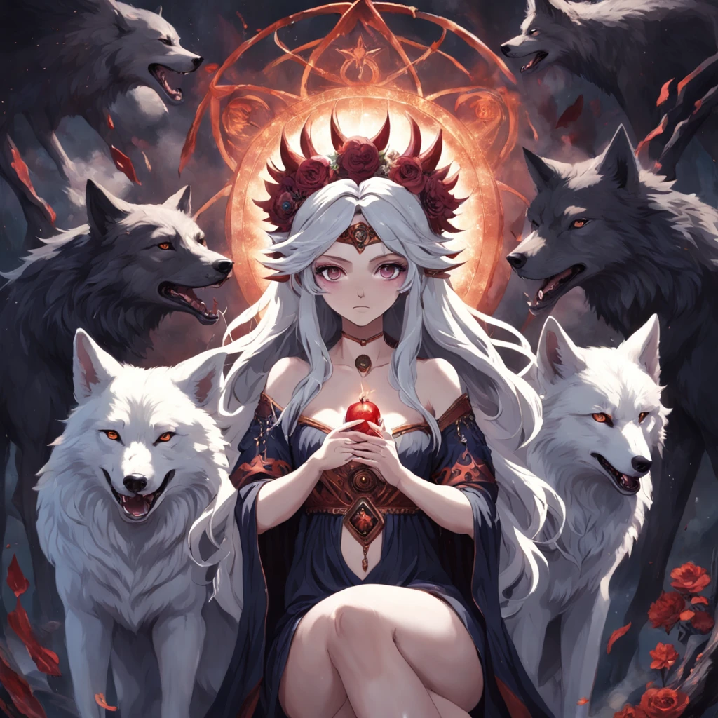 a photo of a woman with a crown and three wolves, hecate goddess, Hecate, pagan goddess, Deusa do Submundo, Norse goddess, persephone as goddess of death, Deusa da Raiva, Rainha do Submundo, deusa. detalhes extremamente altos, Mito grego do ritual escuro, Deusa da morte, the goddess hestia, Rainha do Inferno