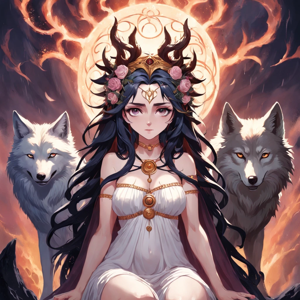 a photo of a woman with a crown and three wolves, hecate goddess, Hecate, pagan goddess, Deusa do Submundo, Norse goddess, persephone as goddess of death, Deusa da Raiva, Rainha do Submundo, deusa. detalhes extremamente altos, Mito grego do ritual escuro, Deusa da morte, the goddess hestia, Rainha do Inferno
