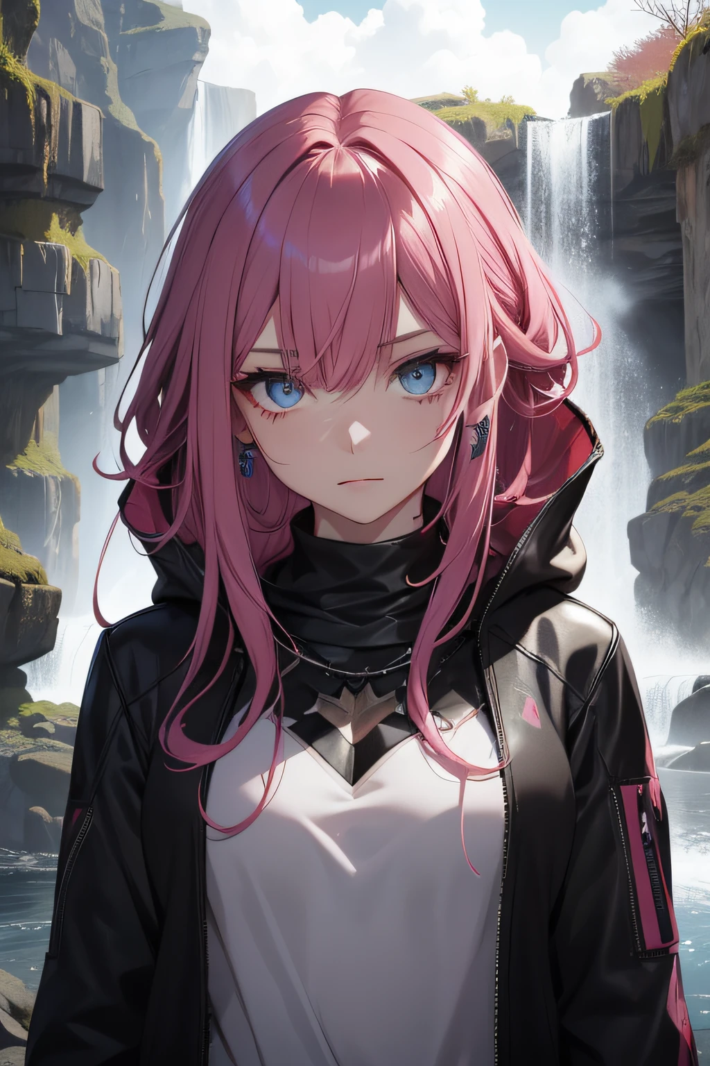1 adult female, bangs, blue eyes, pink hair, bloodied face, perfect hands, spikes of red hair, metallic scarf around neck, high resolution, black metallic sweatshirt, metal accessory, white polo shirt, long sleeves, solo, straight hair , bloody clothes, upper body, cheerful, hooded jacket, atmosphere in a waterfall
