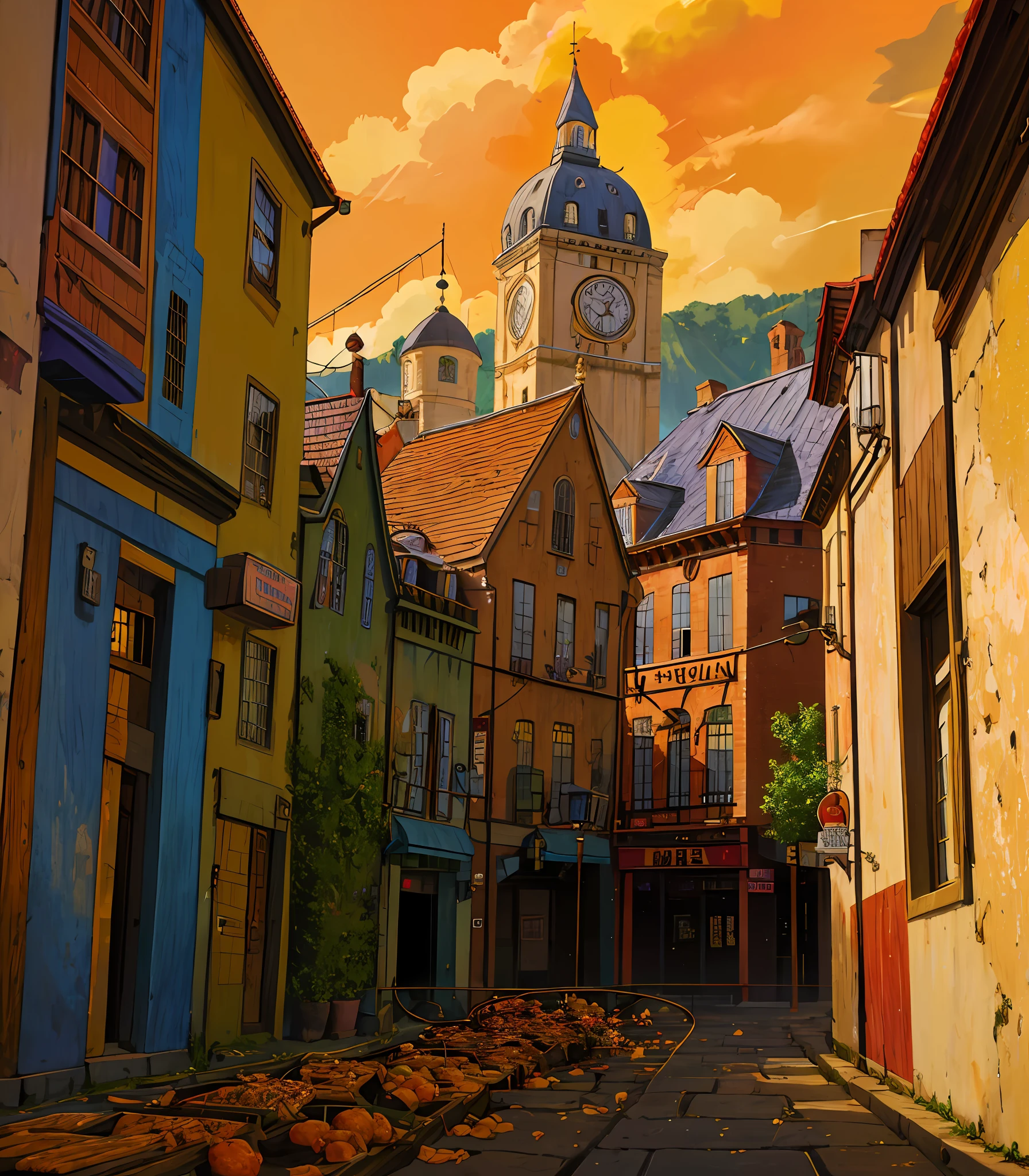 Page 1:
[Quadro 1]
(Cena: A cidade de Lumenia, where towering towers rise against an orange sky.)
Narrador: In a world where magic is treated with suspicion, vive um garoto comum chamado Hiro.

[Quadro 2]
(Cena: Hiro, of messy hair and curious eyes, observe a fair in the town square.)
Narrador: Ele nunca pensou que sua vida mudaria para sempre, naquele dia...