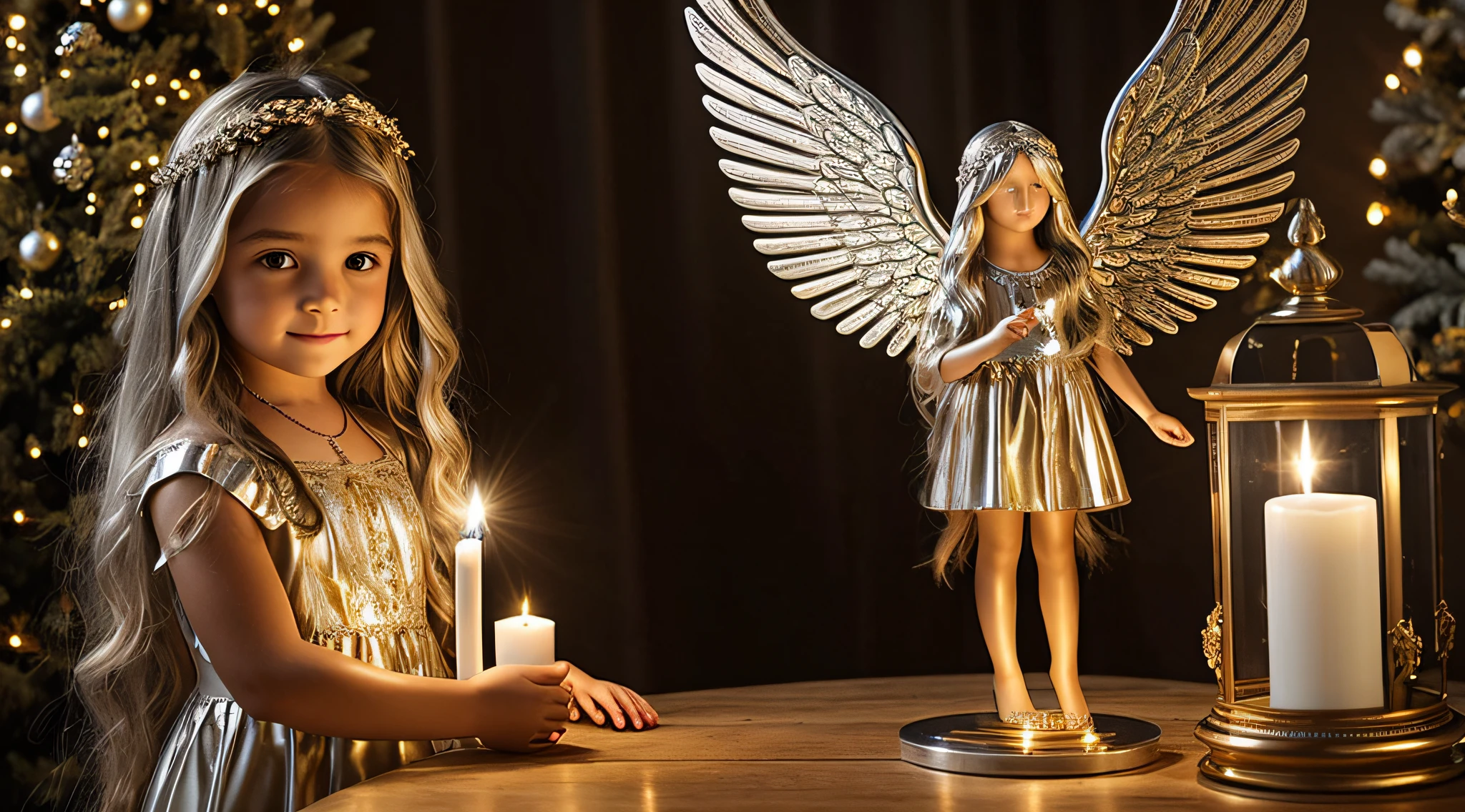 CHILDREN LONG HAIR SILVER GOLDEN ANGEL GIRL with candle accesses in hand.