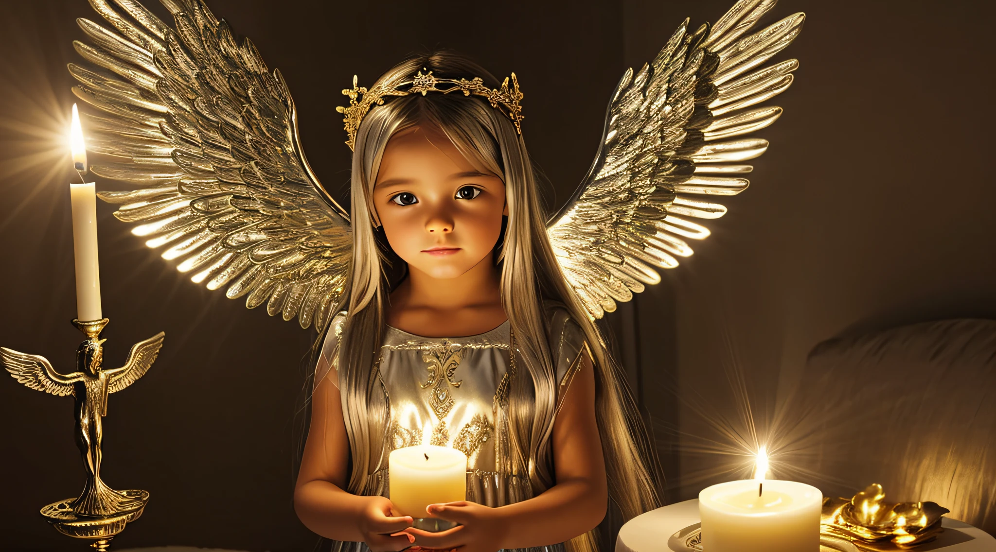 CHILDREN LONG HAIR SILVER GOLDEN ANGEL GIRL with candle accesses in hand.