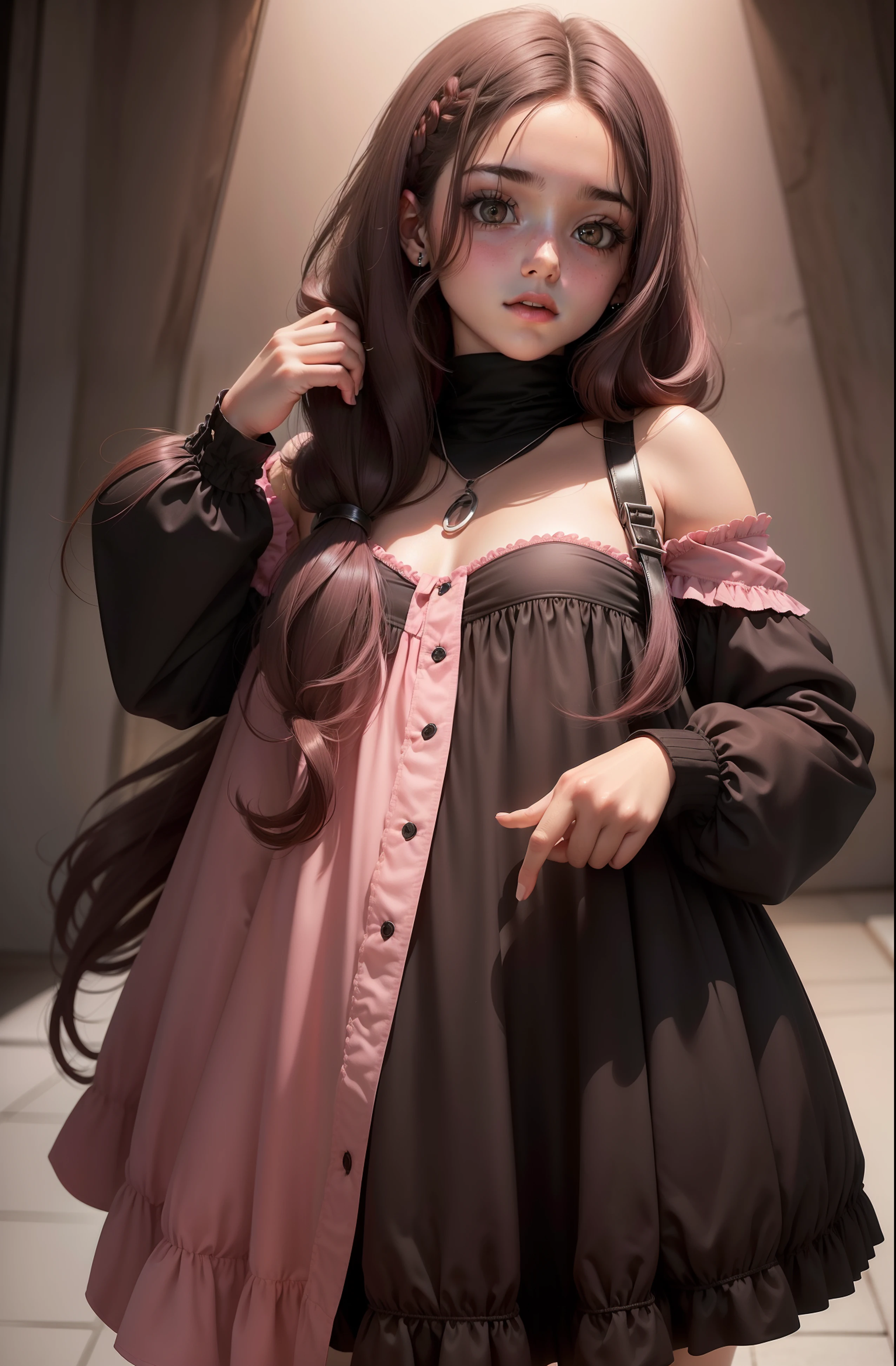 "(u'sala escura', u'(uma  de cabelo preto longo:1.2), (roupa rosa:1.1)'), com seios grandes"