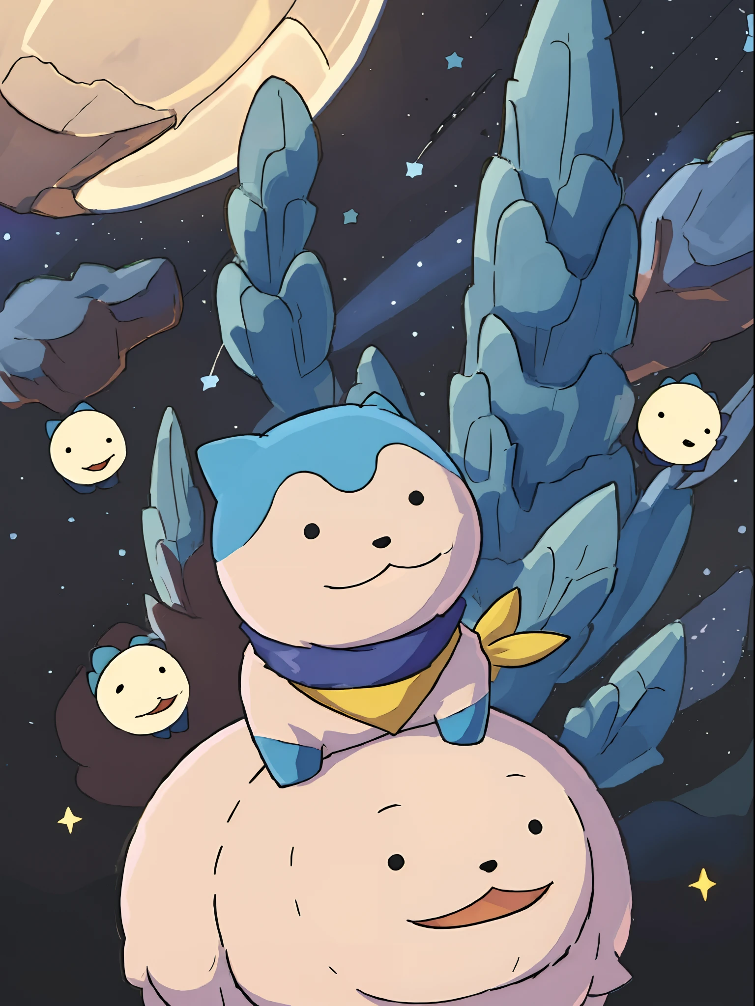 1 large sommie as a god in a galaxy, surrounded by stars, celestial landscape, sunglasses, pokemon_(creature), no_human, no_humans, perfect anime illustration, masterpiece, best quality, animal_ears, yellow_scarf, closed_mouth, smile, blue tail