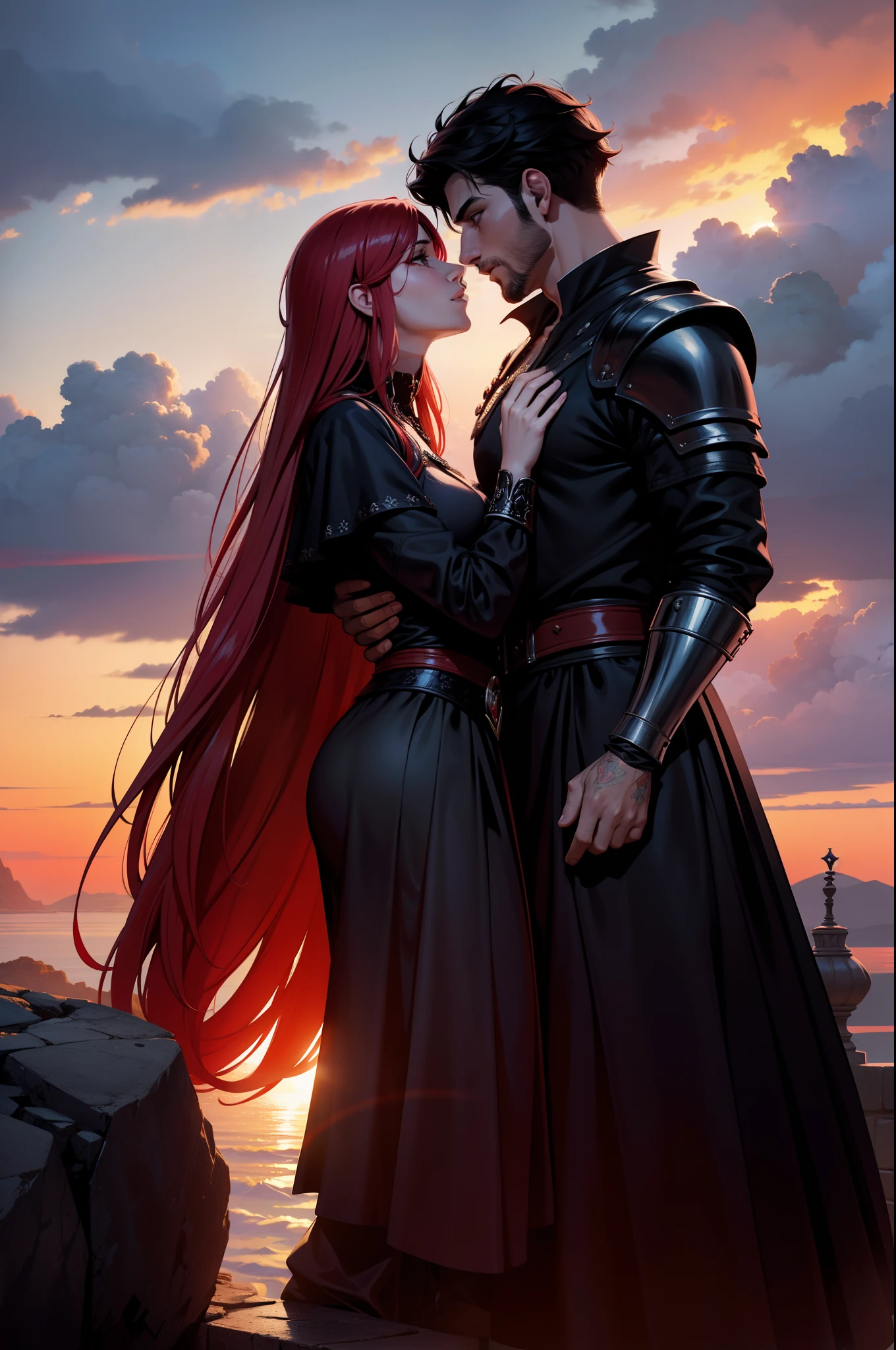 Dois personagens guerreiros, entardecer, 8k, magnifica, poderoso, magia, Mantos, sangue, Cidade medieval, dramatic scene, Colors of Gothic armor black and red, sky with many clouds, Magnificent, tunic, magia, capa enorme vermelha flutuante, se beijando, beijos