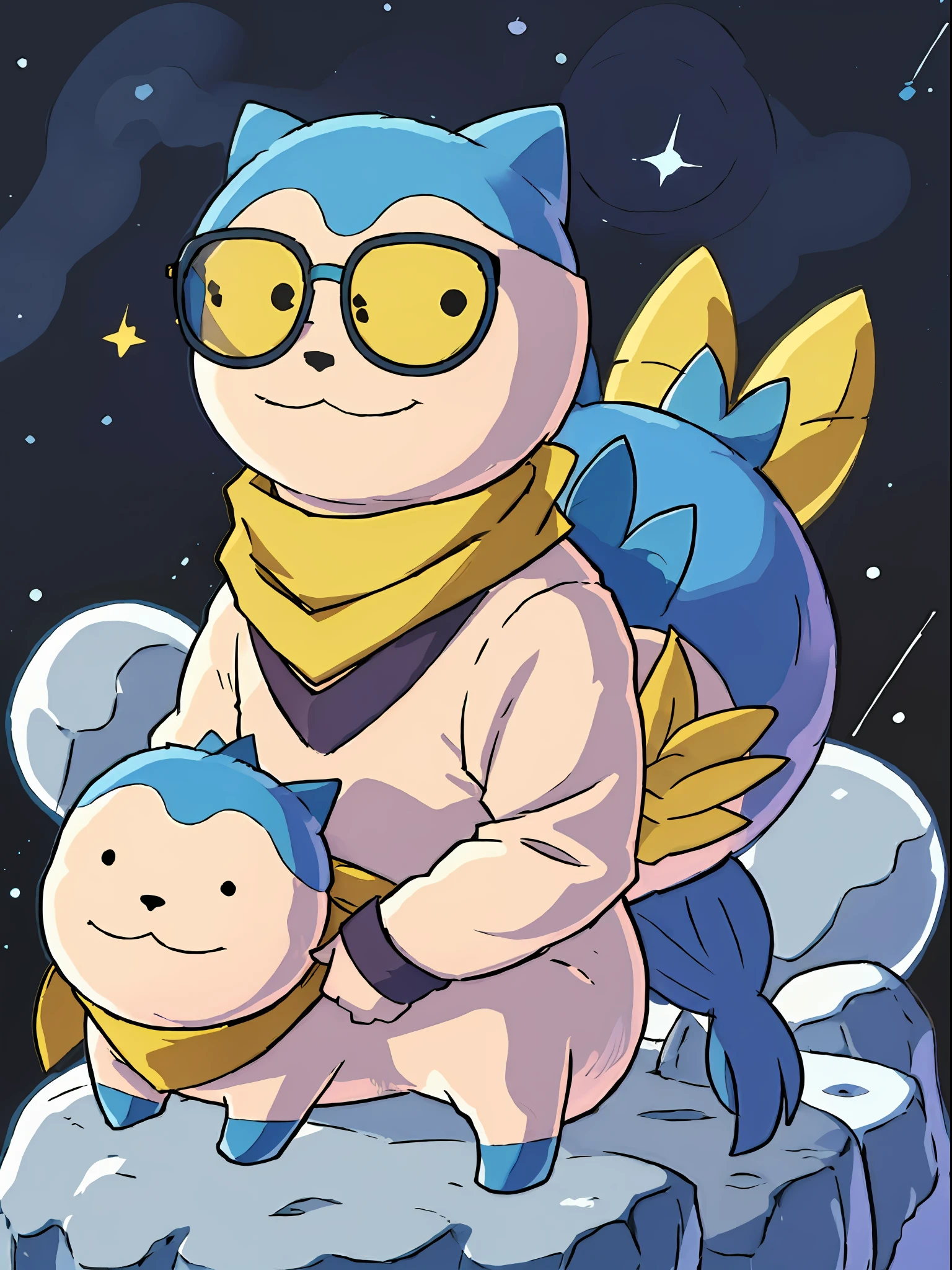 1 large sommie as a god in a galaxy, surrounded by stars, celestial landscape, sunglasses, pokemon_(creature), no_human, no_humans, perfect anime illustration, masterpiece, best quality, animal_ears, yellow_scarf, closed_mouth, smile, blue tail