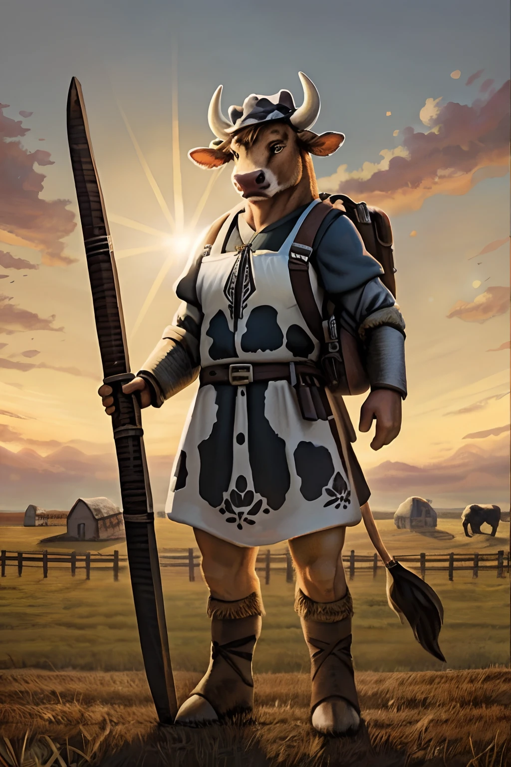 «»A fantastical portrayal of a strong and proud cow dressed in a tunic. The cow should be depicted wearing light armor and backpack, ready to harvest crops. The cow farmer should be posed with a determined and confident stance, perhaps holding a scythe. The background should be a savannah or rural village emphasizing the cow's role as a farmer or rancher. The lighting should be bright and focused on the cow, highlighting its face and horns. The camera shot should be a full-body shot, capturing the cow's defiant demeanor and the fine details of its equipment. The resolution should be 8K or higher to showcase the majestic textures of the cow's face, horns, and scythe. The render style should aim for an oil painting or classical look, suitable for a grounded but epic book cover. Art inspirations can be drawn from depictions of farmers and peasants. (((Cow farmer))), (((adventurer))), (((savannah))), (((bright lighting))), (((full-body shot))), (((8K resolution))), (((fantasy render style))).»