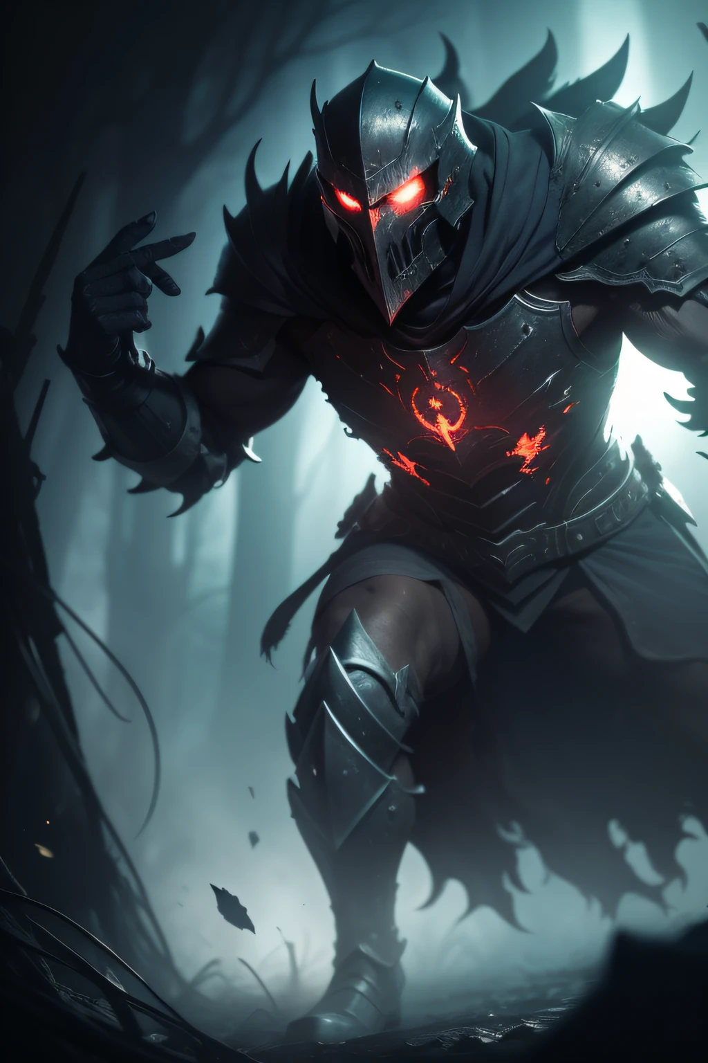 The Knights of Apocalypse, shrouded in darkness and mist, stand as harbingers of doom. Their eyes burn with an otherworldly crimson glow, their armor etched with ancient symbols that seem to writhe and move. Cloaked in tattered, obsidian robes, they wield twisted, jagged weapons that crackle with dark energy. Each knight's presence exudes an aura of terror, and the air around them grows cold and heavy. Photography, low-light setting with a wide-angle lens (24mm), capturing the knights emerging from the shadows,
