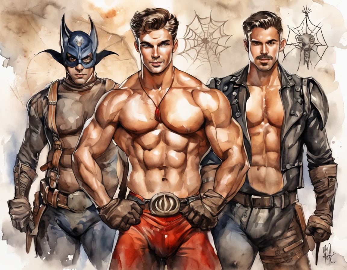 homoerotic, handsome young male soldier, shirtless, hairy chest, stubble and bushy mustache, wearing skimpy superhero costume, posing with two attractive shirtless men dressed as the village people, masks and bodypaint and leather gear, simple uncrowded background with bats and spider-webs and jack o' lanterns and skeletons and spooky halloween decor in background, ((costumes for all)), very detailed, realistic, homoerotic, muscular attractive men, (detailed eyes):900, (ambient torch light),(Lively, joyous, spirited), (((detailed beautiful handsome faces))), male focus, Best quality, hdr, bokeh, vibrant colors, masterpiece, homoerotic, large bulge in groin, commission for high res, greg hildebrandt and mark brooks, beautiful muscular men, line art by harry bush and J. C. Leyendecker and joe phillips and bob mizer and jim french and hr giger, bara, perfect male specimens