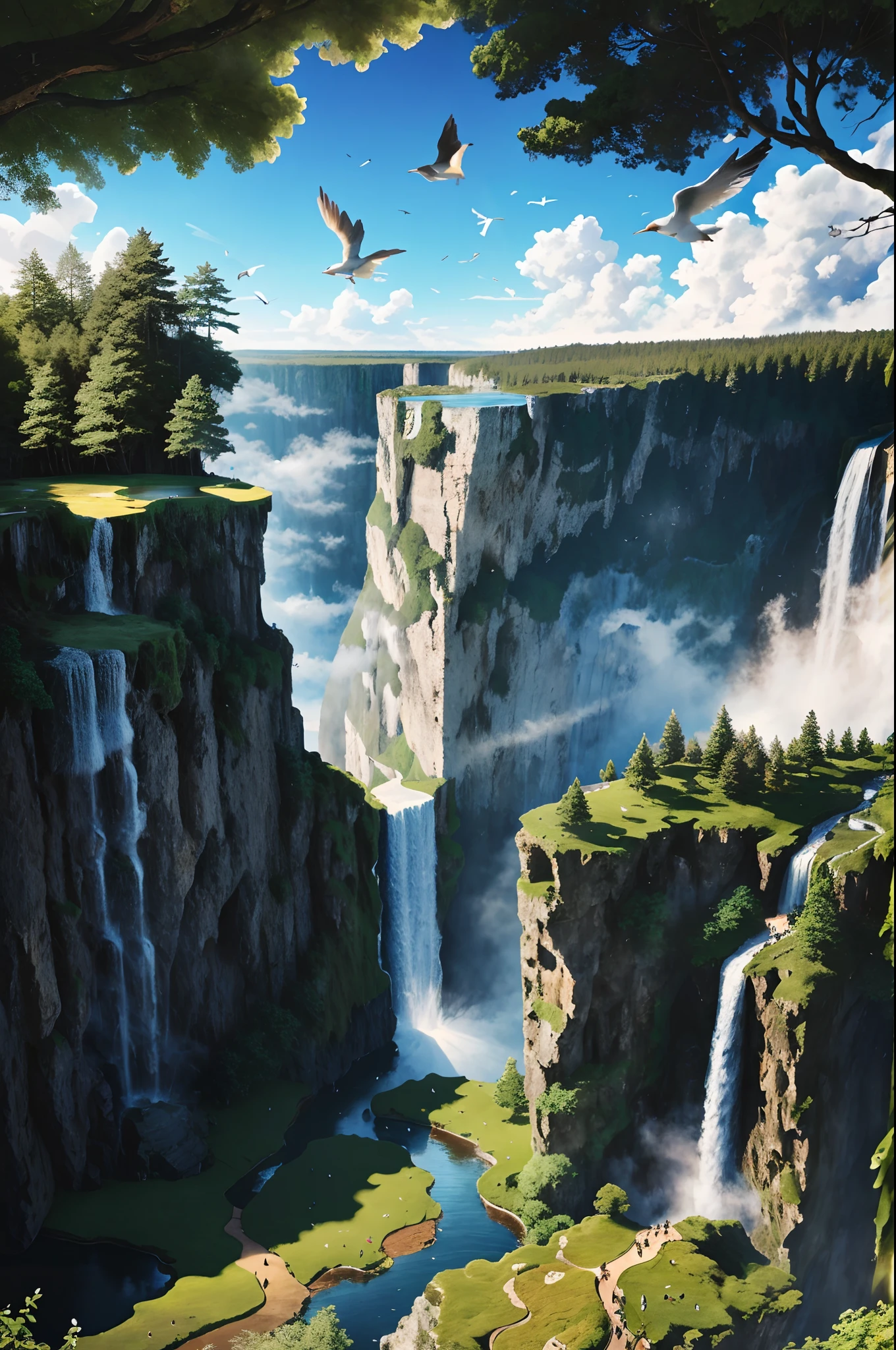 Flying on the cliff, above the very high waterfall, look down on the fluctuating pond, high sunlight, blue sky, white cloud, birds, forest, trees, 8K, masterpiece, best quality, high resolution, extremely full detailed