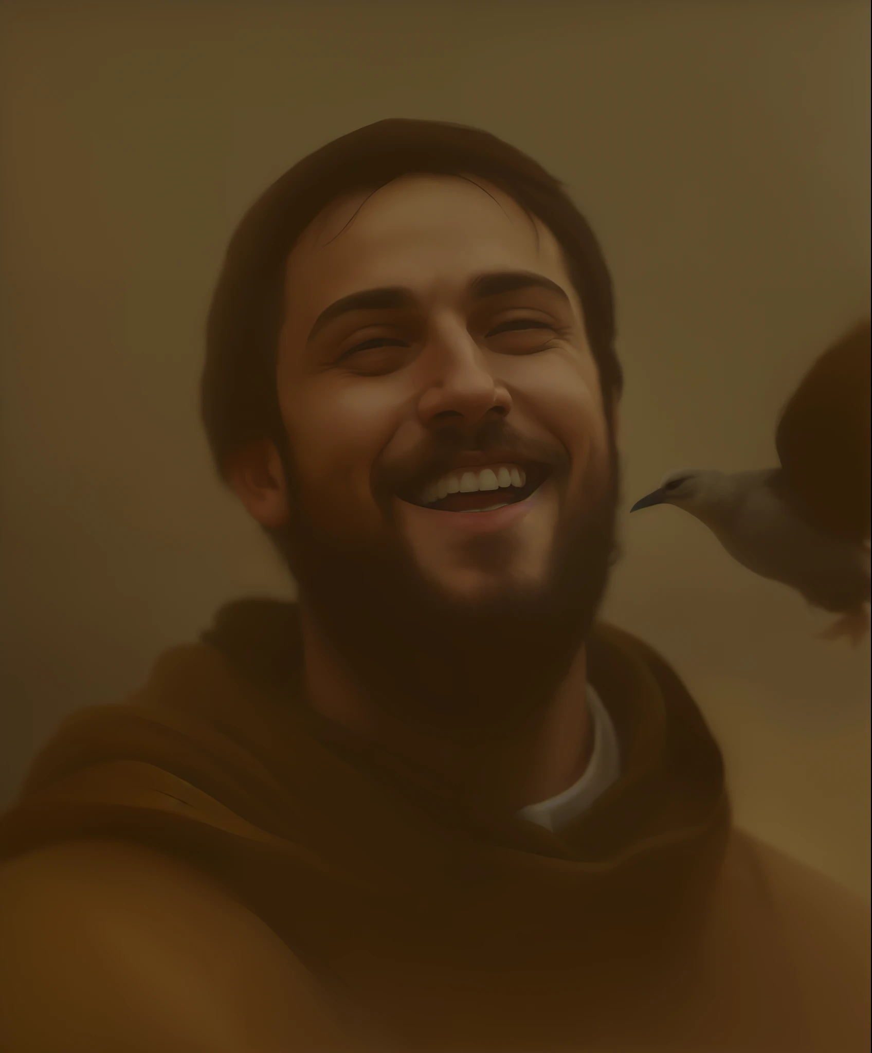 Man with beard and smile without a beard and a bird flying above him, Wojtek FUS, fantasia arte sorriso homem, retrato de personagem pintado, Closeup da arte do personagem, retrato da arte do personagem, pintura de personagens, retrato druida, retrato do conceito do personagem, arte conceitual de um monge, inspirado em Johannes Helgeson, retrato da arte do conceito do personagem, retrato detalhado do caractere, inspirado em St. Francis of Assis, inpirado em monge,