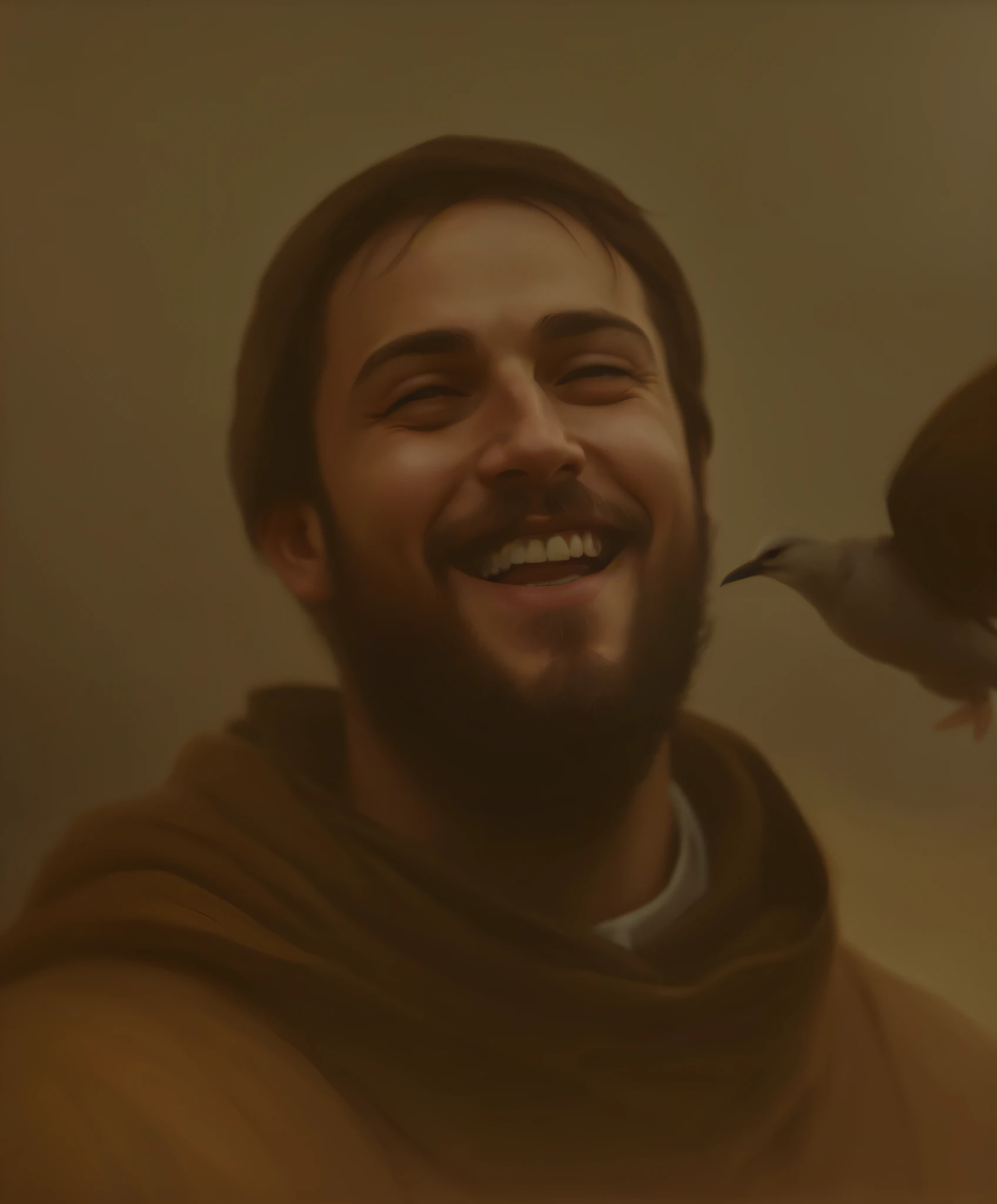 Man with beard and smile without a beard and a bird flying above him, Wojtek FUS, fantasia arte sorriso homem, retrato de personagem pintado, Closeup da arte do personagem, retrato da arte do personagem, pintura de personagens, retrato druida, retrato do conceito do personagem, arte conceitual de um monge, inspirado em Johannes Helgeson, retrato da arte do conceito do personagem, retrato detalhado do caractere, inspirado em St. Francis of Assis, inpirado em monge,