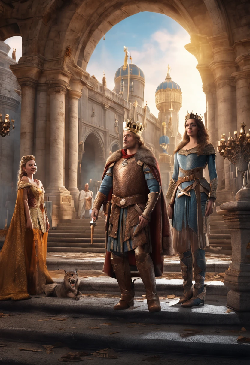 royal court, 4 characters: a king with a strict and firm look, a queen with a kind and wise look, a knight with a heroic and cunning look and a young princess with a playful look. Realistic 4k image, insane detail, (the royal court in the background, a richly adorned palace in the background)