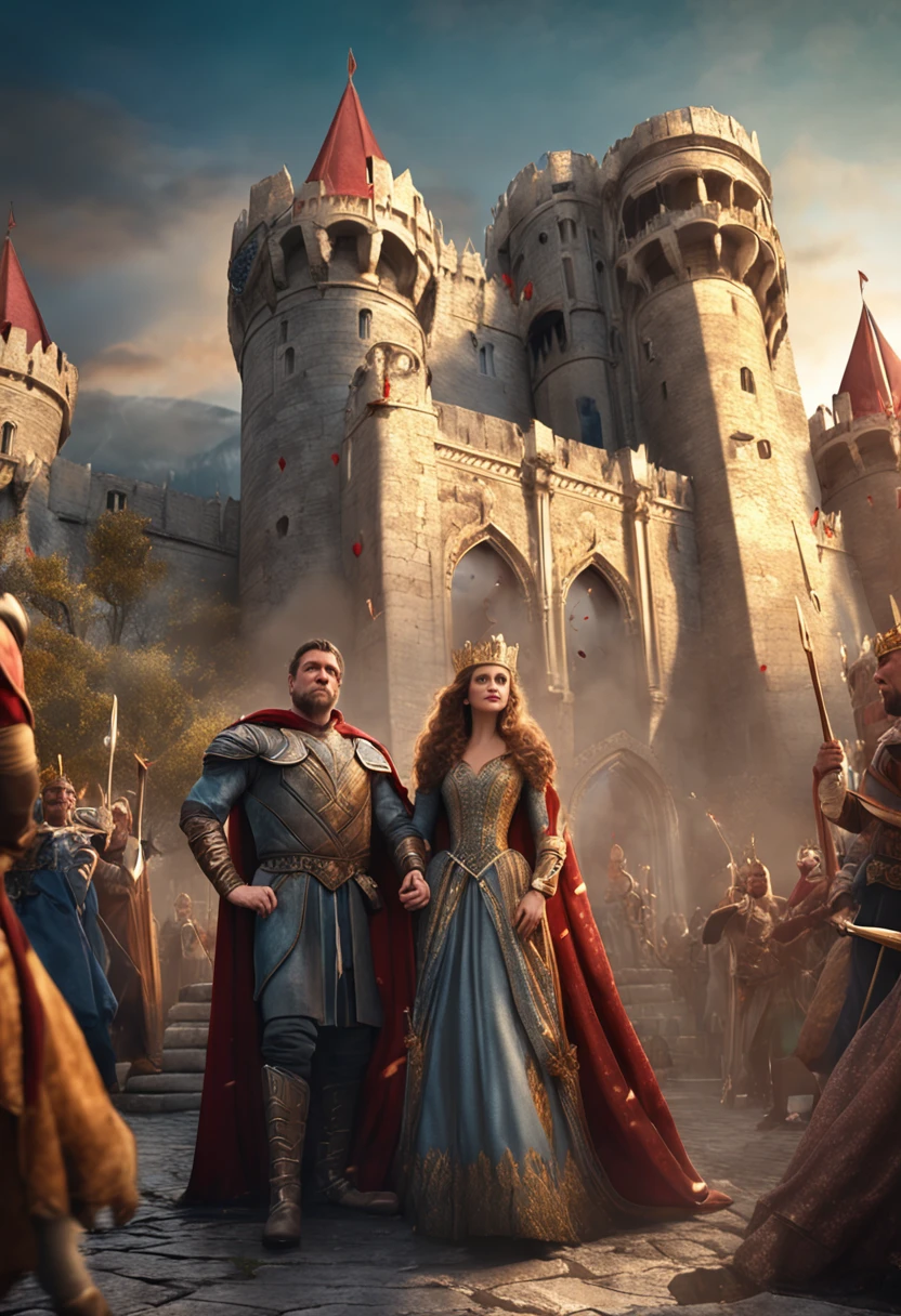 royal court, 4 characters: a king with a strict and firm look, a queen with a kind and wise look, a knight with a heroic and cunning look and a young princess with a playful look. Realistic 4k image, insane detail, (the royal court in the background, a richly adorned palace in the background)