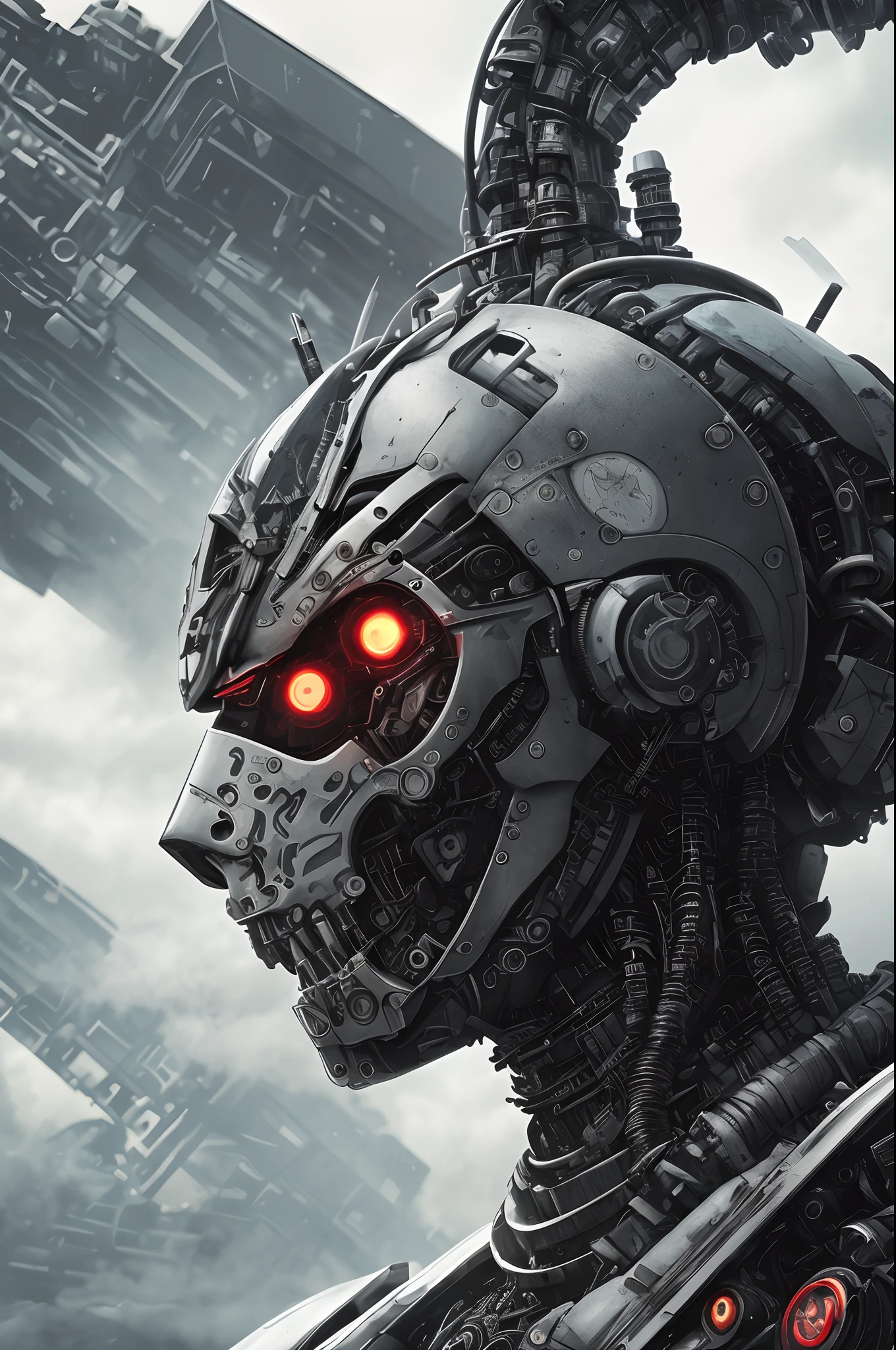 Cinematic close up, determined gaze of a robot warrior, African with mohawk hairstyle, biomechanical, cyborg, rising steam around him, terminator dark side, arte, digital steampunk, cyberplate armor,