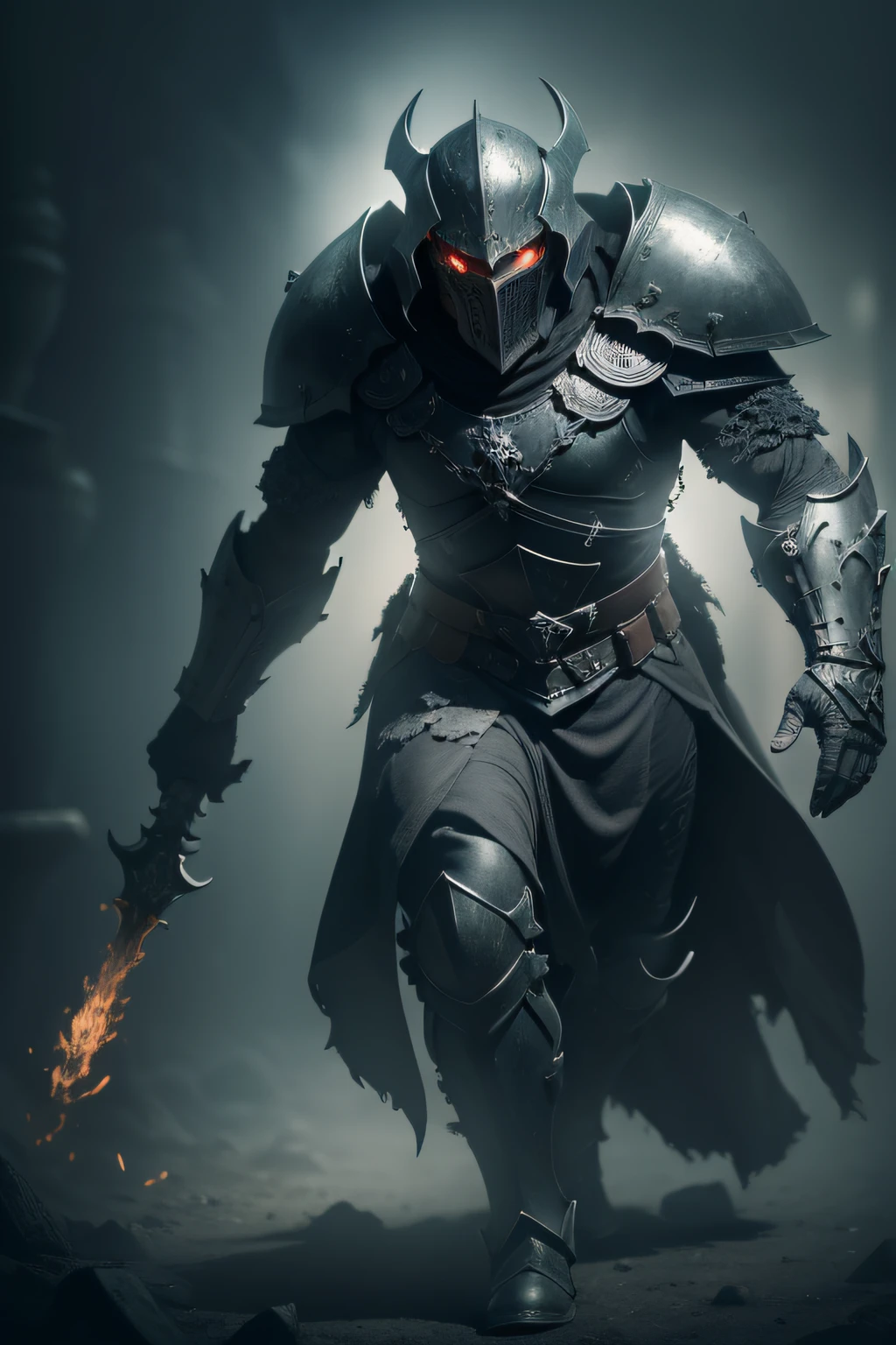 The Knights of Apocalypse, shrouded in darkness and mist, stand as harbingers of doom. Their eyes burn with an otherworldly crimson glow, their armor etched with ancient symbols that seem to writhe and move. Cloaked in tattered, obsidian robes, they wield twisted, jagged weapons that crackle with dark energy. Each knight's presence exudes an aura of terror, and the air around them grows cold and heavy. Photography, low-light setting with a wide-angle lens (24mm), capturing the knights emerging from the shadows,