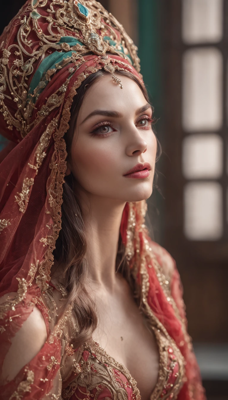 (Outstanding、Professional)、female elf courtisan in colorful veils sitting on an intricate chair, angelina jolie face
