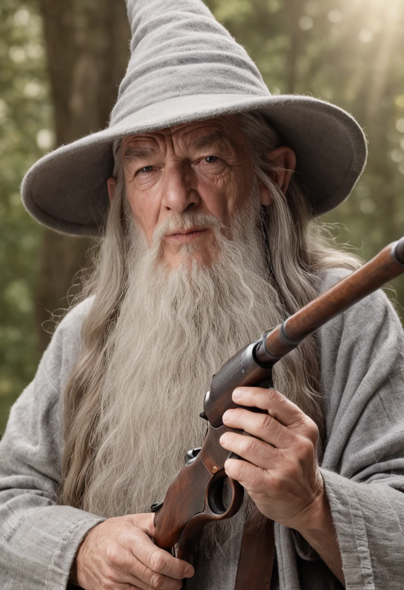 Gandalf com uma arma (m 16) fumando cachimbo