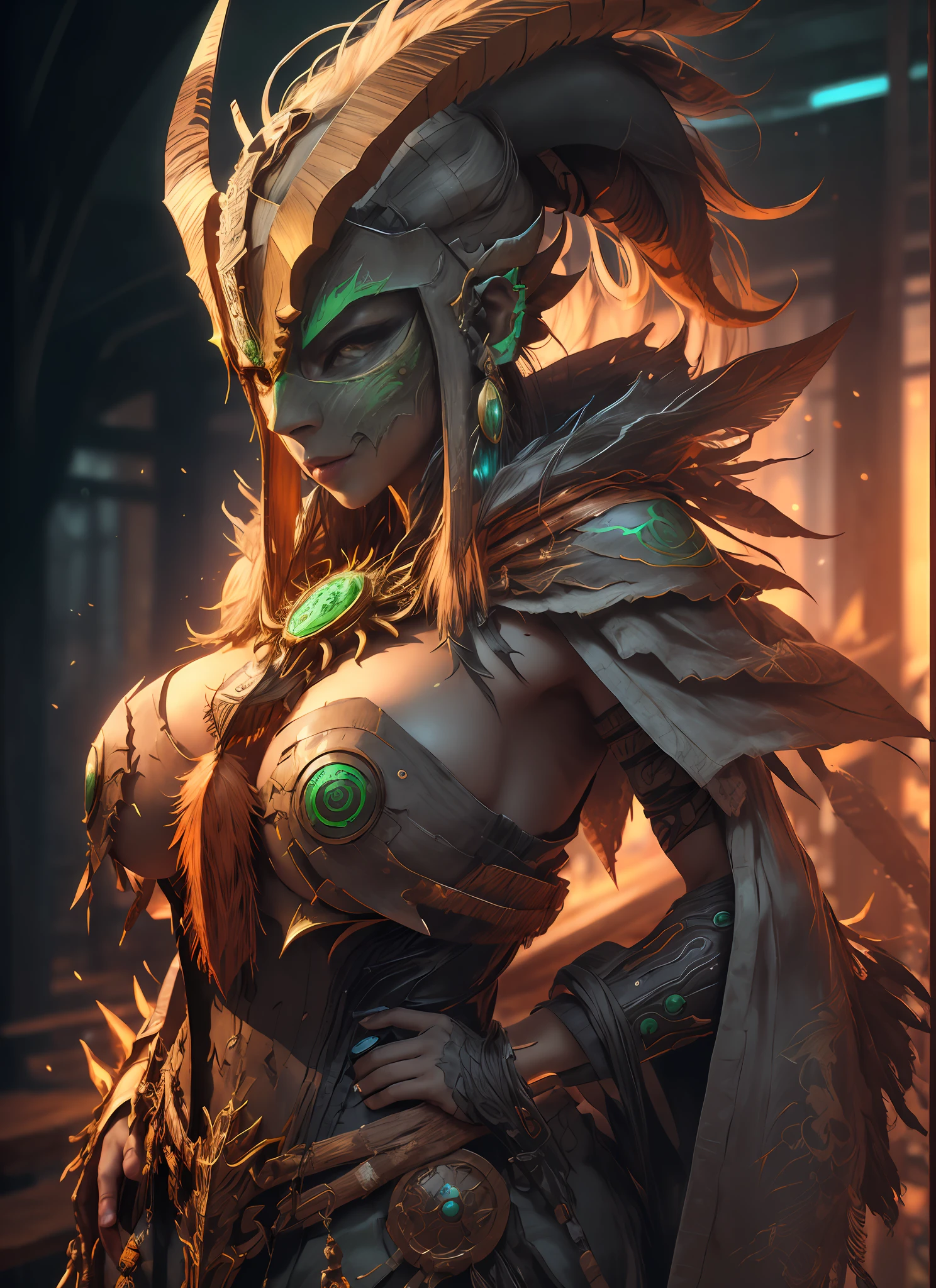 sh4g0d,
Beautiful girl shaman, wearing mask made of wood, portrait, standing in an s-shape, green ringlets, sexy breast, 4k , great details and colours
