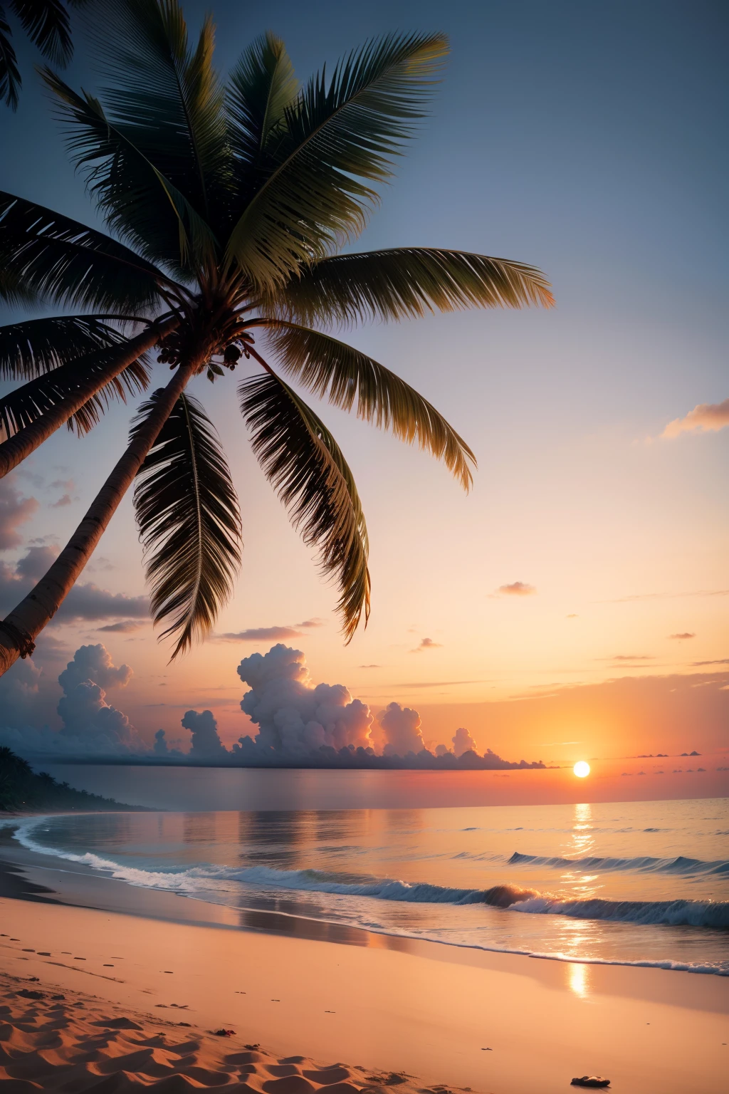 beach coconut trees white sand sunset person view natural light best quality