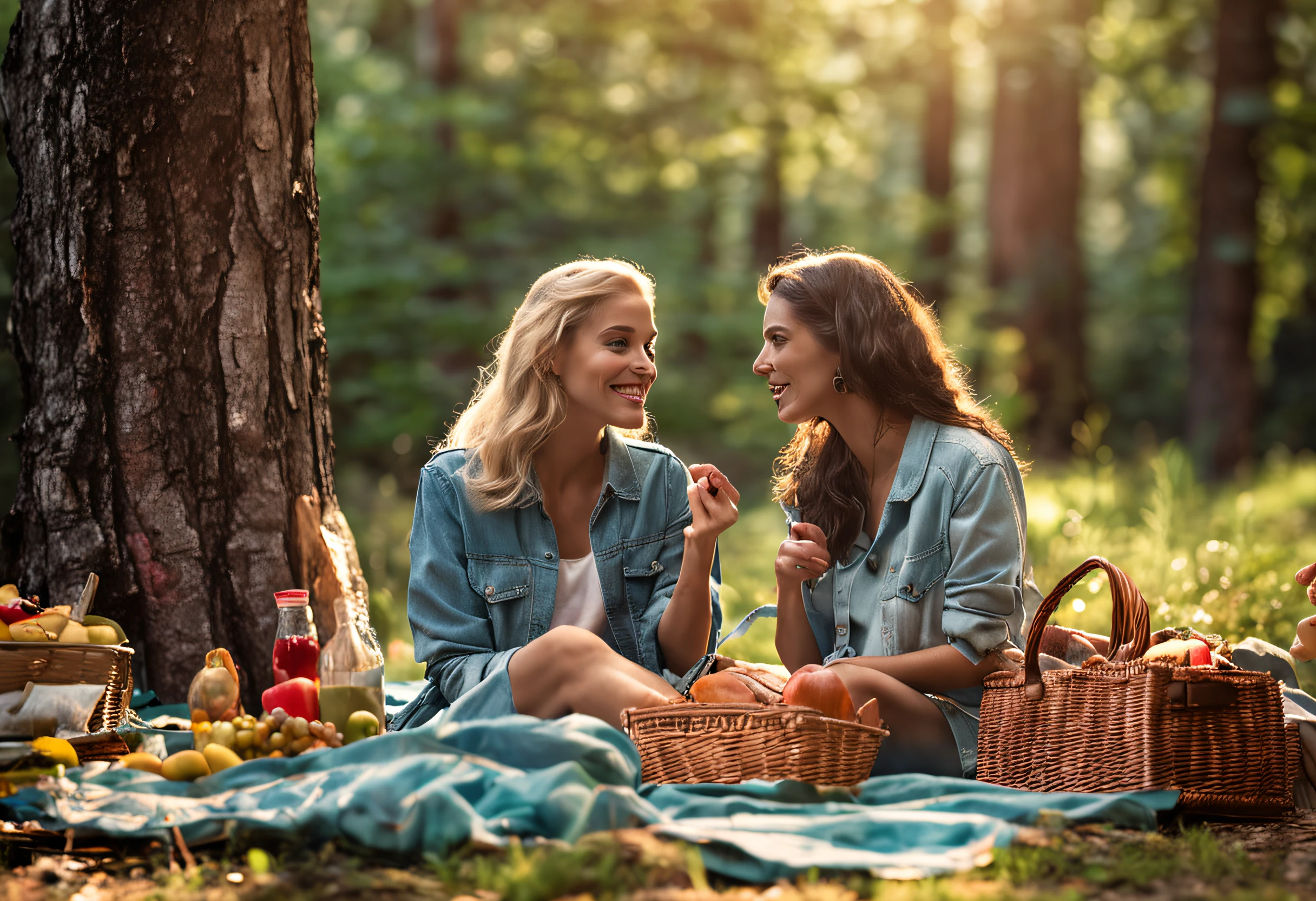 Couple of women picnicking in the forest