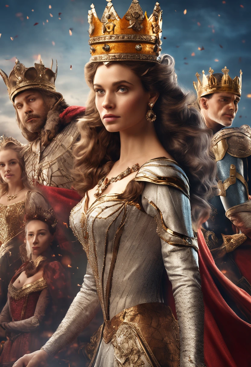 (royal court, 4 characters in the picture) 1 king with strict and firm look, 1 queen with kind and wise look, 1 knight with heroic and cunning look and 1 young princess with playful look. Realistic 4k image, insane detail, (the royal court in the background, a richly adorned palace in the background)