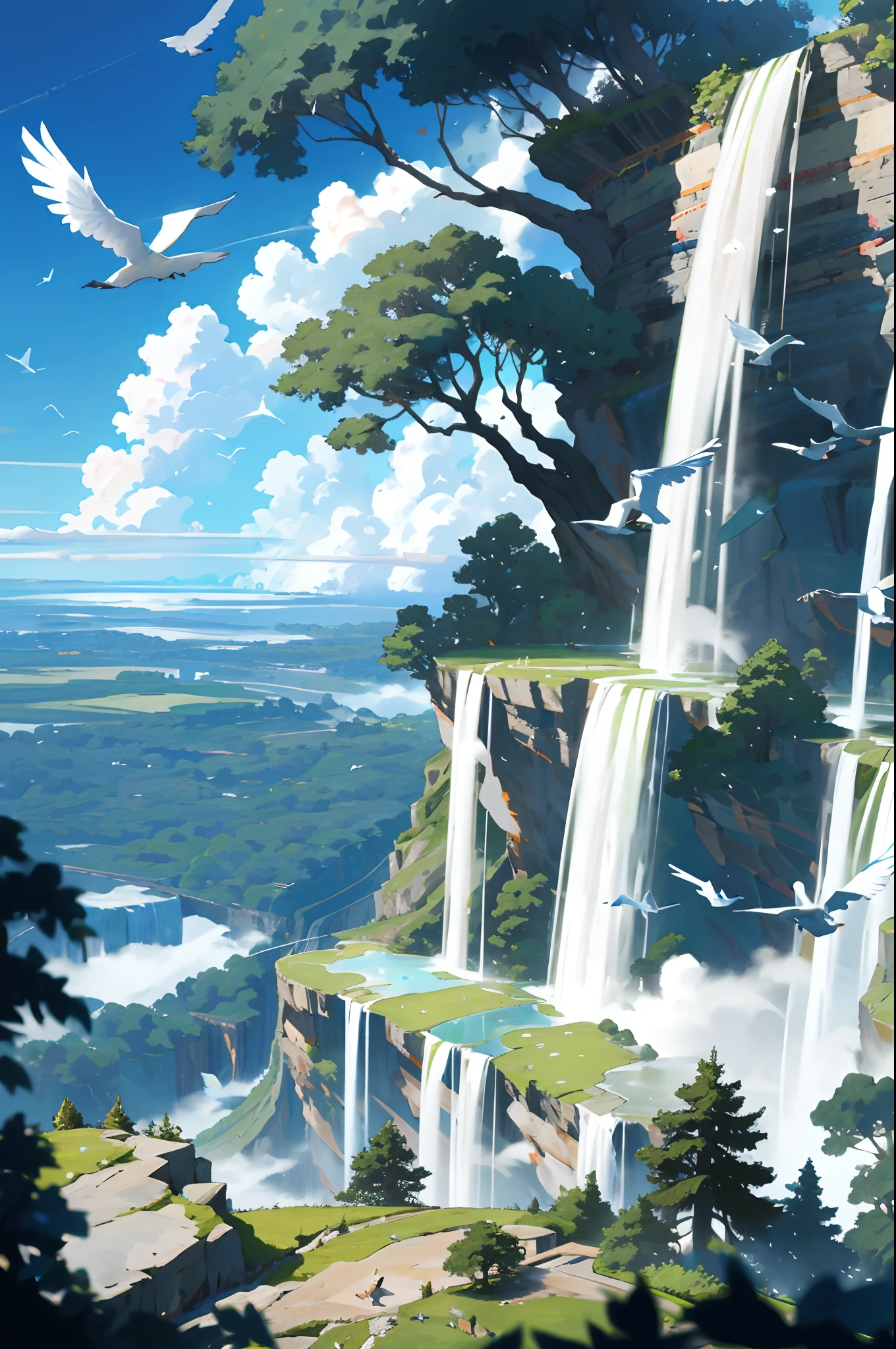 Flying on the cliff, above the very high waterfall, look down on the fluctuating pond, high sunlight, blue sky, white cloud, birds, forest, trees, 8K, masterpiece, best quality, high resolution, extremely full detailed