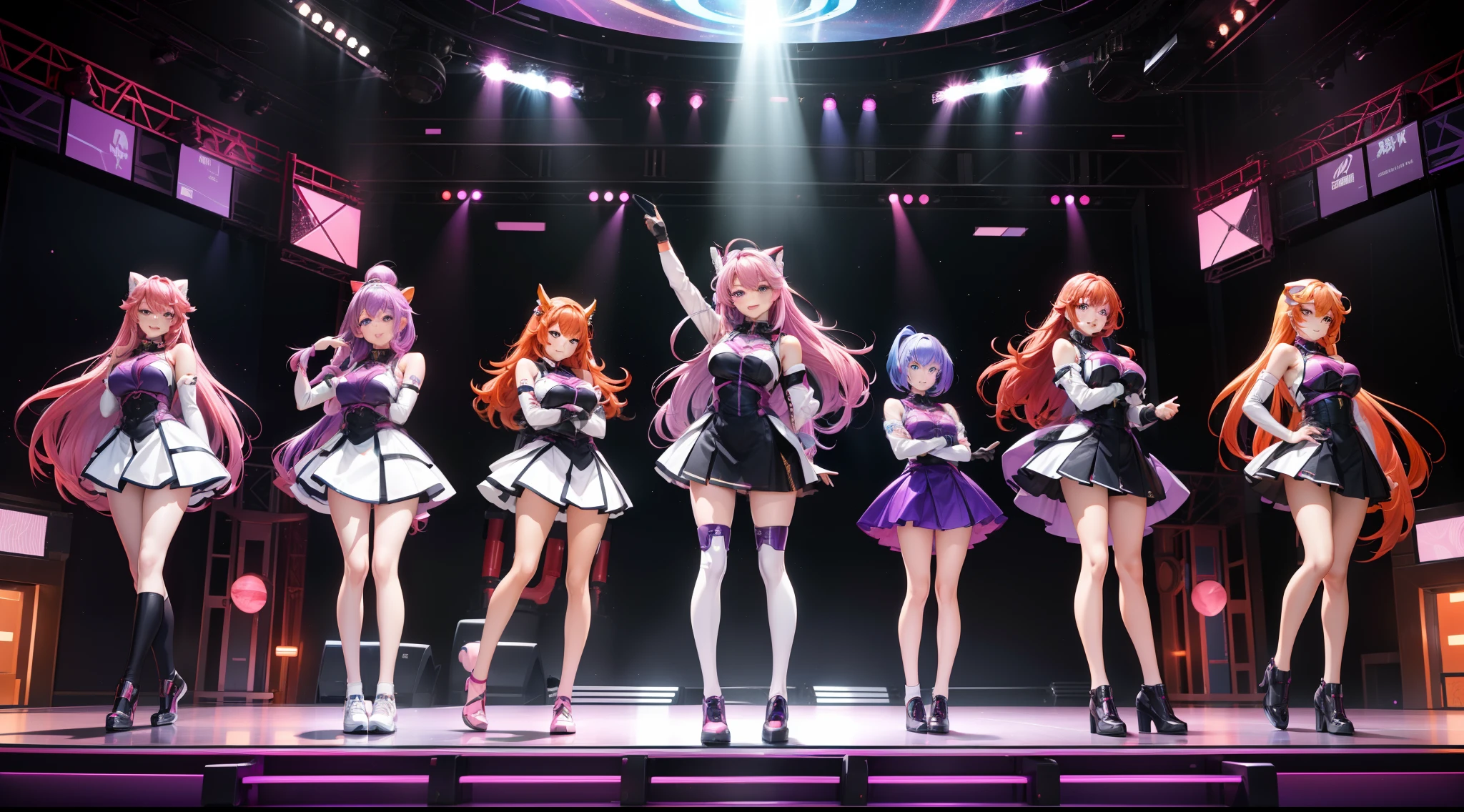 Anime-style illustration、Live scene of school idols、(((5 beautiful girls are posing on a futuristic stage)))、SFAn idol costume that fits the body like a spacesuit that appears in anime。a miniskirt、A mechanical future stage floating in space、universe background、Different hair colors for different people、The central figure of pink hair、Light blue hair、Platinum Blonde Hair、Purple hair、Red hair、orange color hair、Relaxed smile