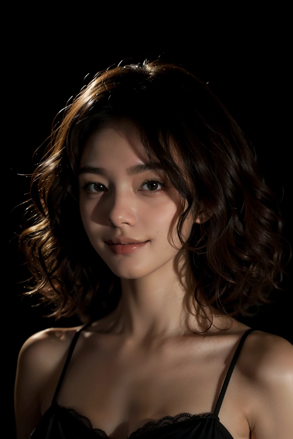 1girl,smirk,curly hair,in the dark