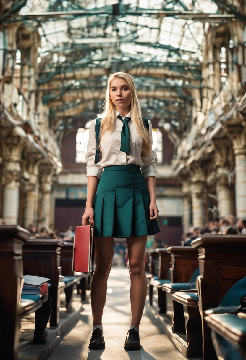 a photorealistic image of a blonde student from Romania wearing a school uniform with a short skirt
